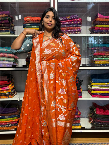 PURE BANARAS KHADDI GEORGETTE WITH MEENAKARI JAAL PATTERN: RUST ORANGE