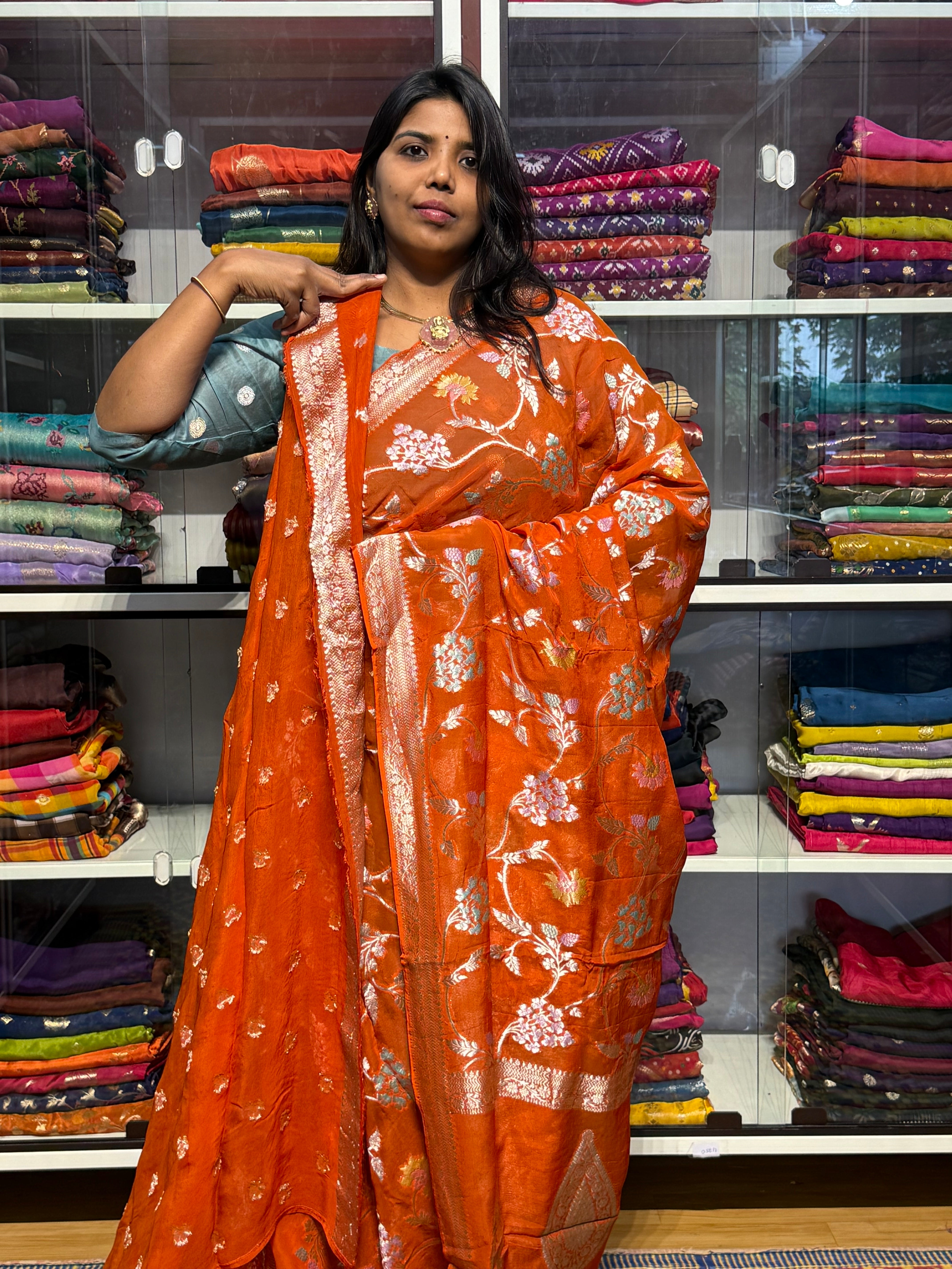 PURE BANARAS KHADDI GEORGETTE WITH MEENAKARI JAAL PATTERN: RUST ORANGE