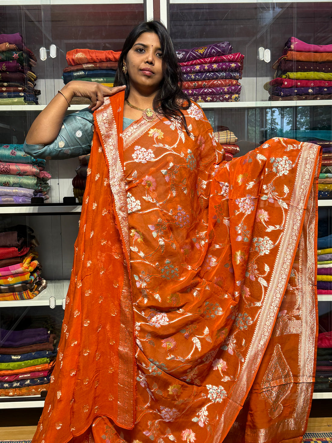 PURE BANARAS KHADDI GEORGETTE WITH MEENAKARI JAAL PATTERN: RUST ORANGE