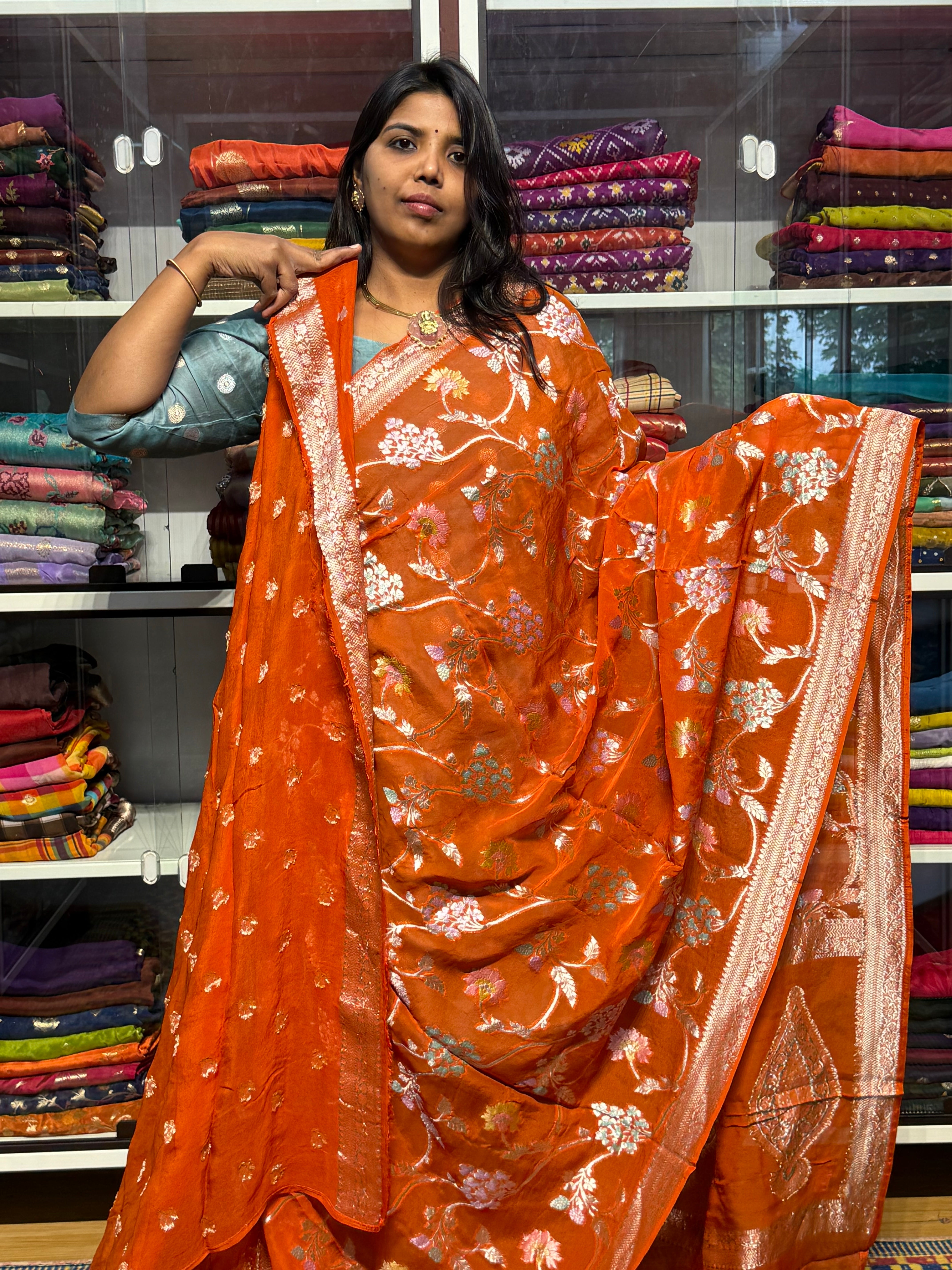 PURE BANARAS KHADDI GEORGETTE WITH MEENAKARI JAAL PATTERN: RUST ORANGE