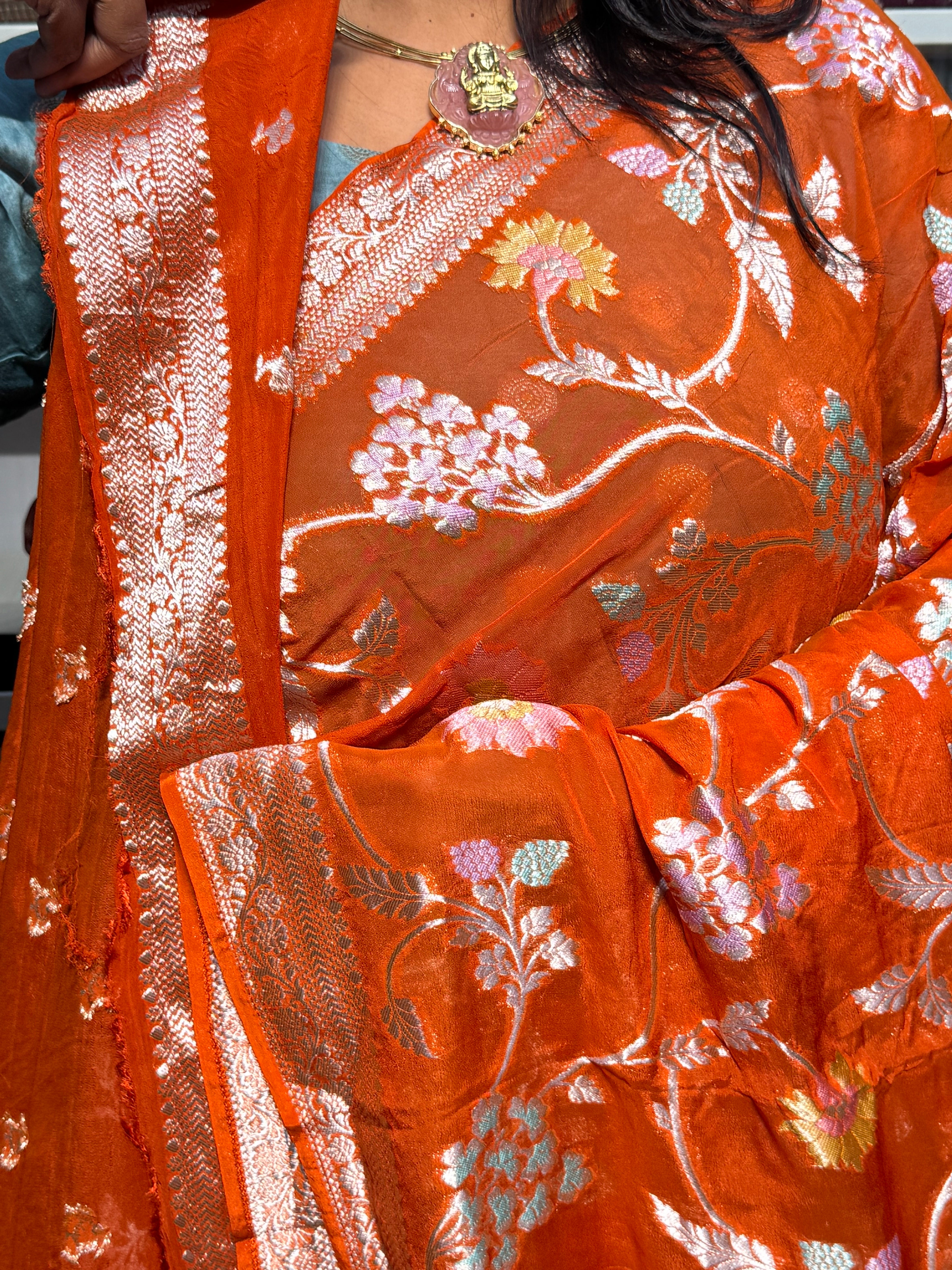 PURE BANARAS KHADDI GEORGETTE WITH MEENAKARI JAAL PATTERN: RUST ORANGE