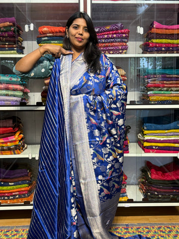 PURE MASHRU SATIN SILK SAREE WITH MEENAKARI BIRDS DESIGN: ROYAL BLUE