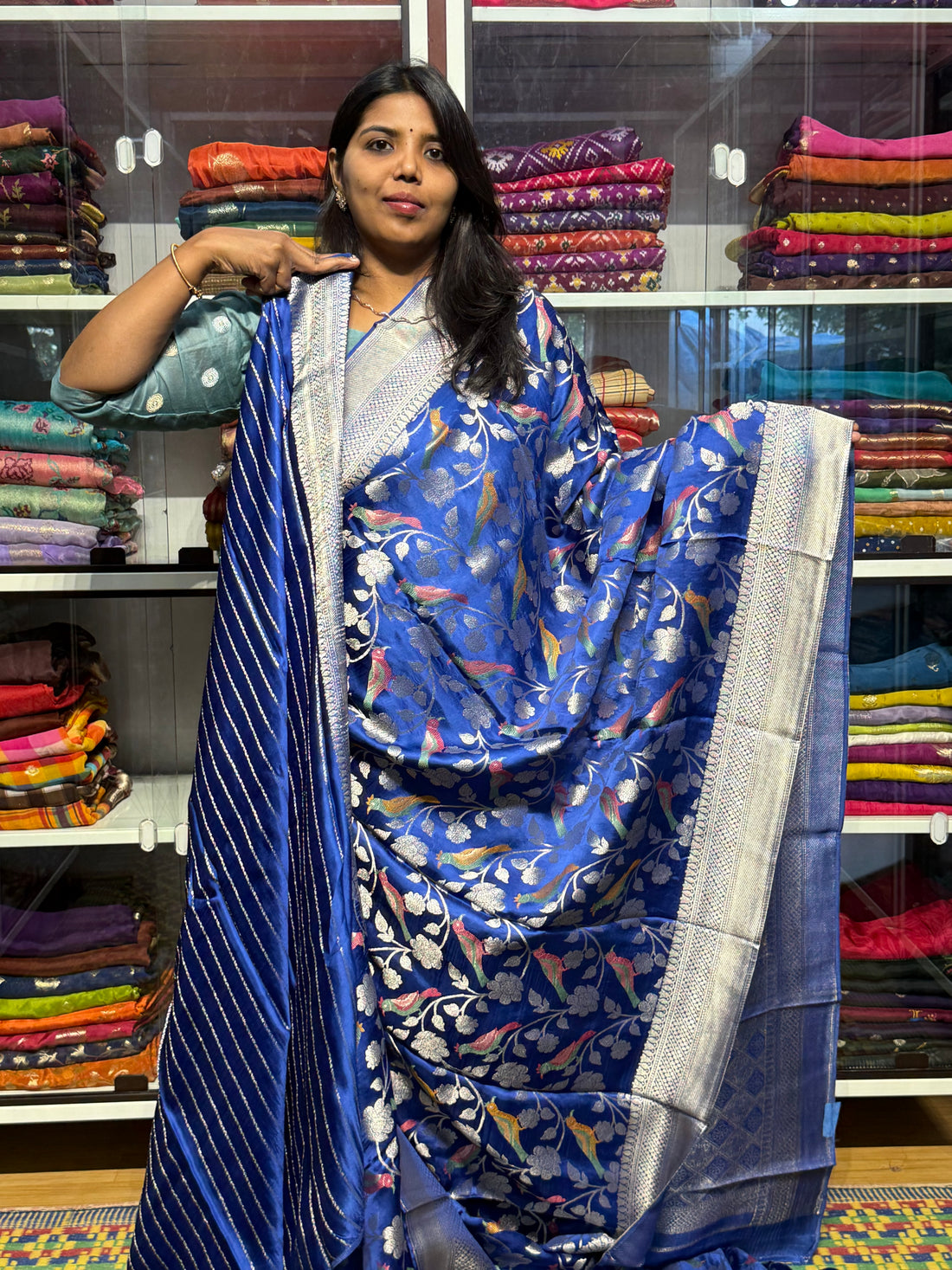 PURE MASHRU SATIN SILK SAREE WITH MEENAKARI BIRDS DESIGN: ROYAL BLUE