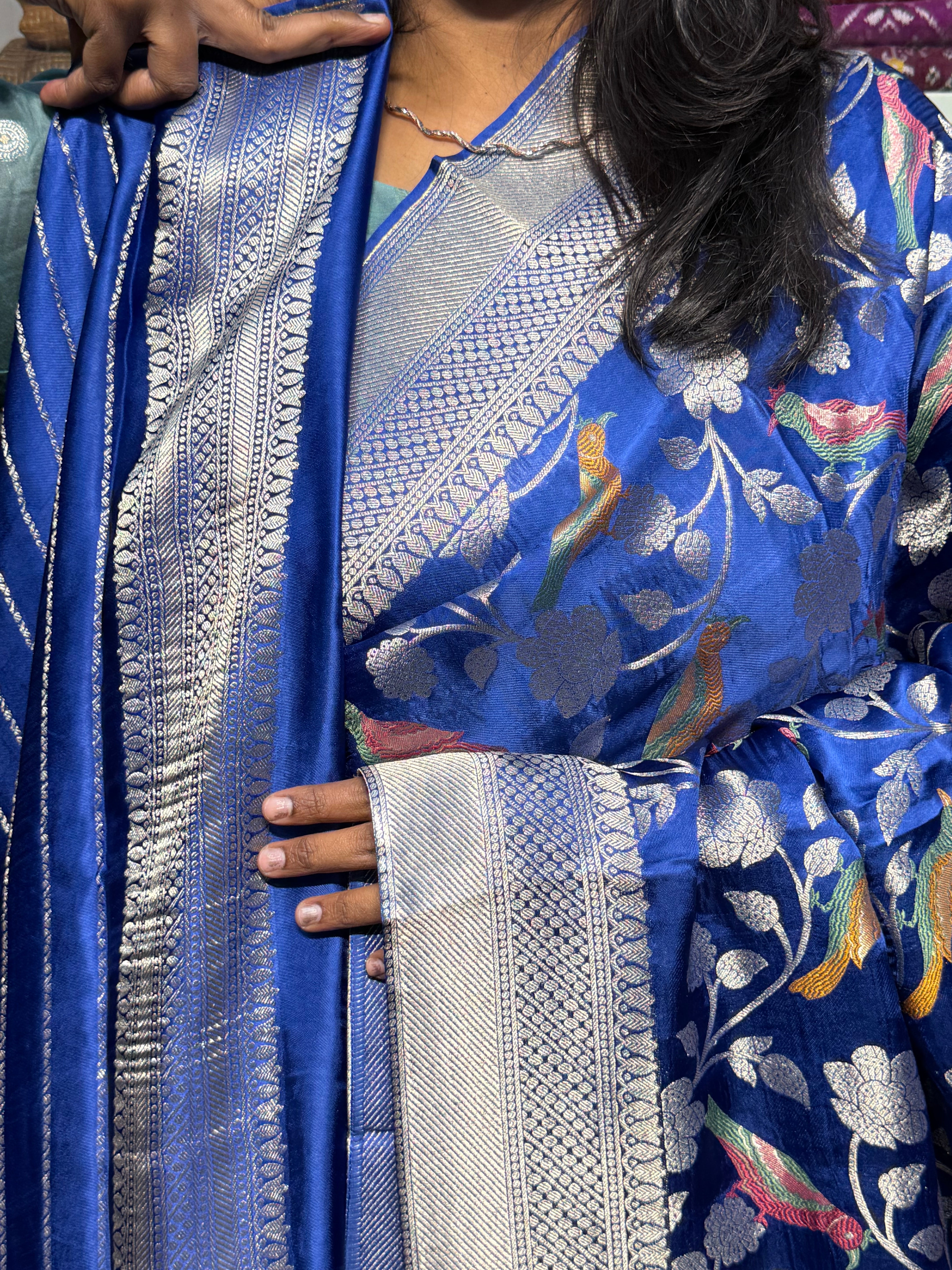 PURE MASHRU SATIN SILK SAREE WITH MEENAKARI BIRDS DESIGN: ROYAL BLUE