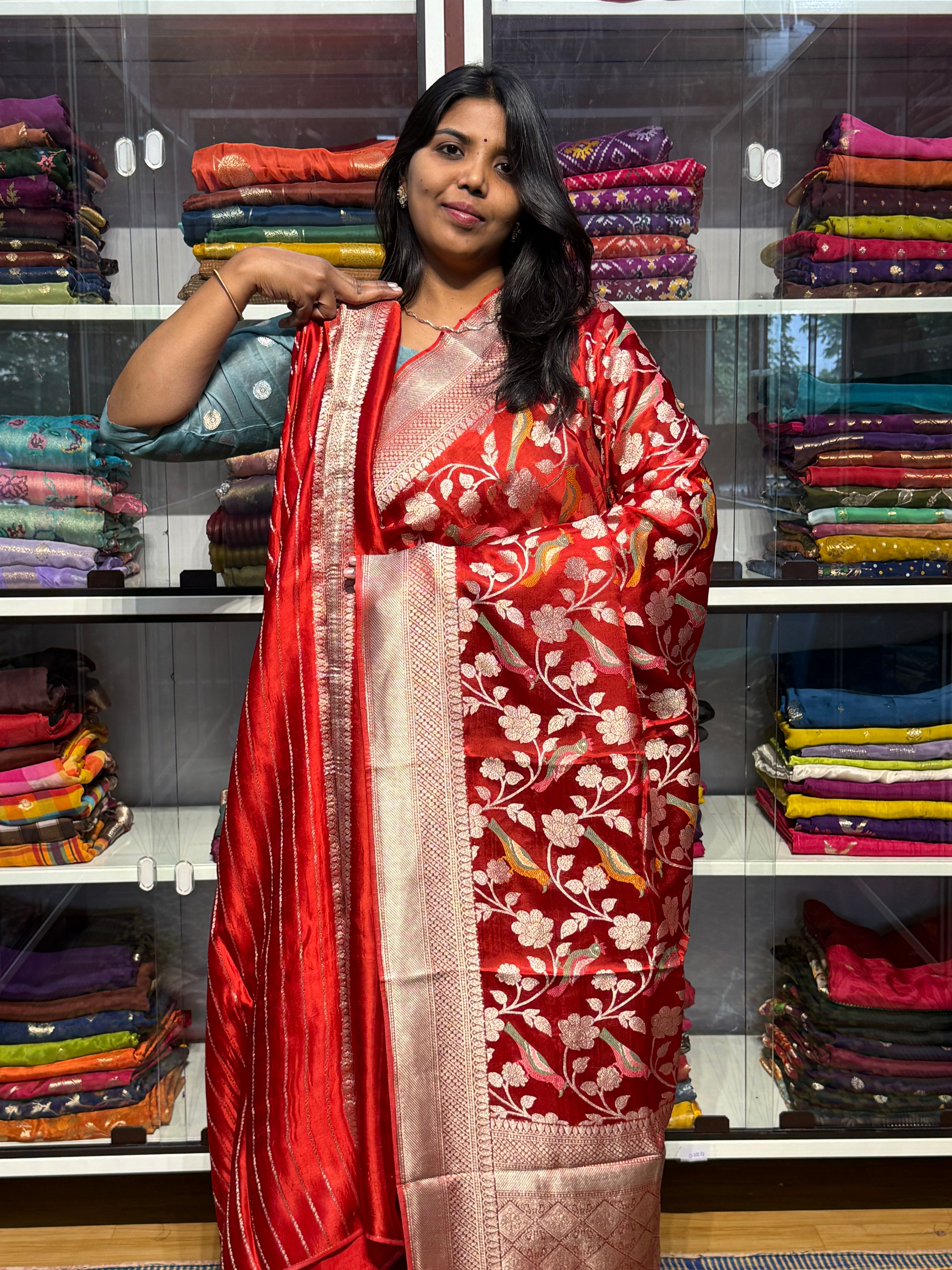 PURE MASHRU SATIN SILK SAREE WITH MEENAKARI BIRDS DESIGN: RED