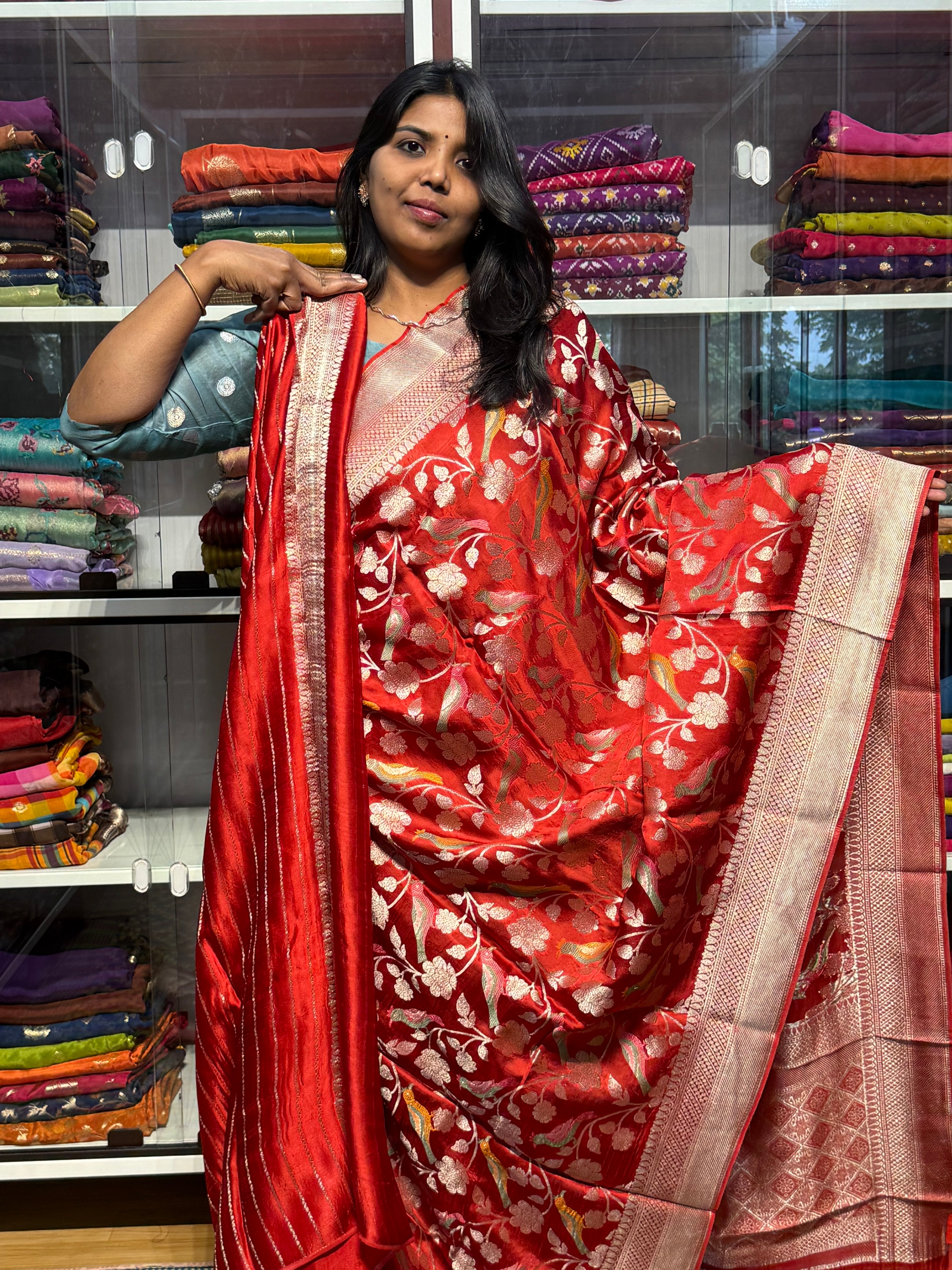 PURE MASHRU SATIN SILK SAREE WITH MEENAKARI BIRDS DESIGN: RED