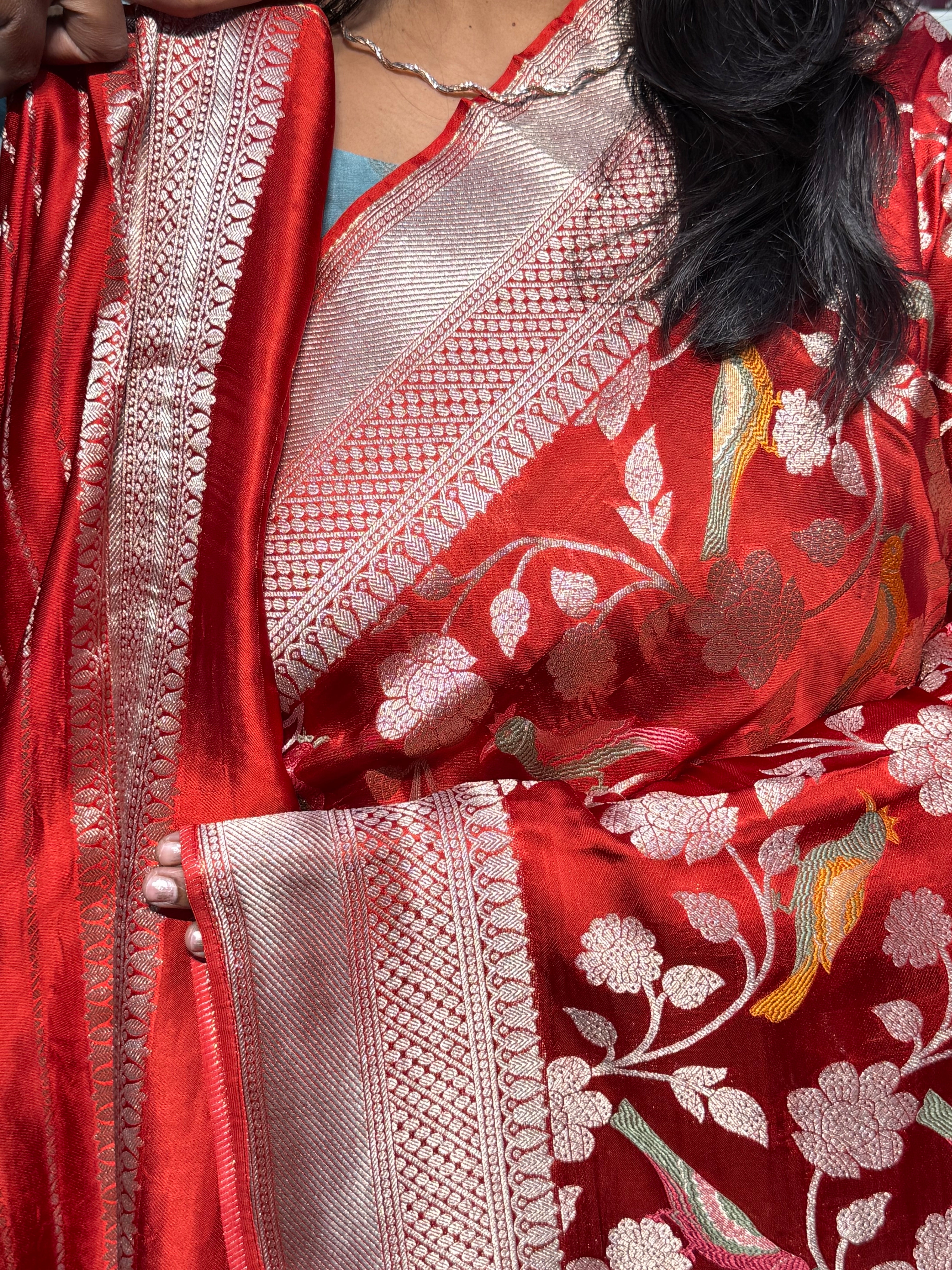 PURE MASHRU SATIN SILK SAREE WITH MEENAKARI BIRDS DESIGN: RED