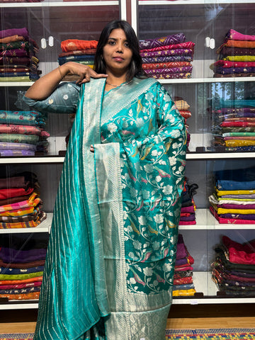 PURE MASHRU SATIN SILK SAREE WITH MEENAKARI BIRDS DESIGN: RAMA GREEN