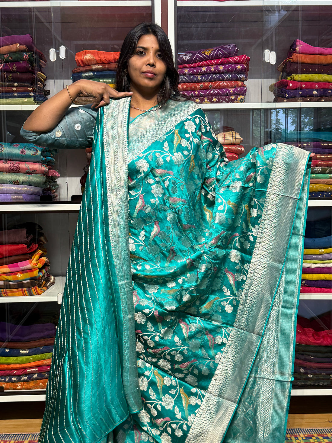 PURE MASHRU SATIN SILK SAREE WITH MEENAKARI BIRDS DESIGN: RAMA GREEN