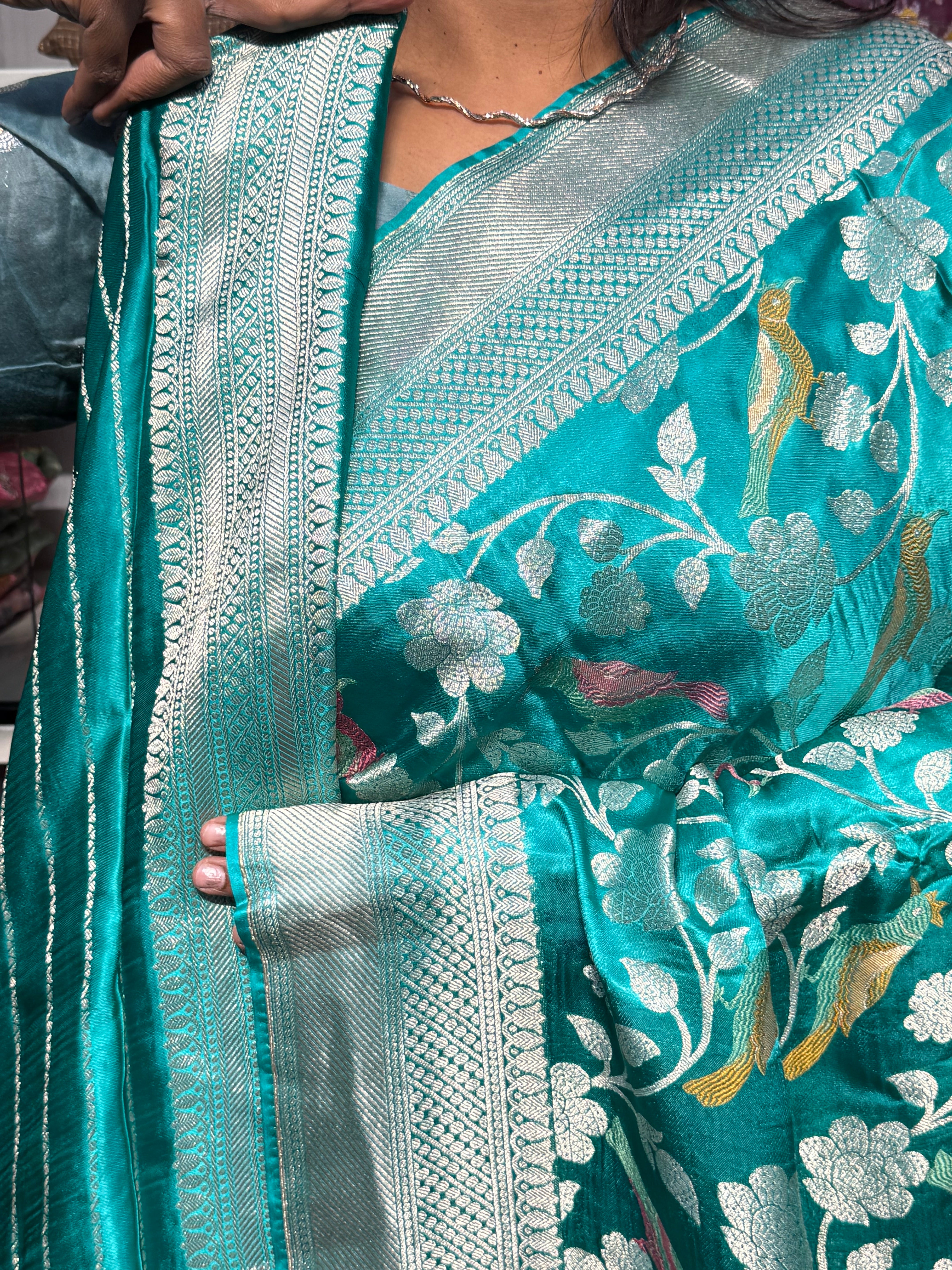 PURE MASHRU SATIN SILK SAREE WITH MEENAKARI BIRDS DESIGN: RAMA GREEN
