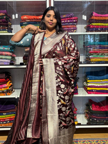 PURE MASHRU SATIN SILK SAREE WITH MEENAKARI BIRDS DESIGN: CHOCLATE BROWN
