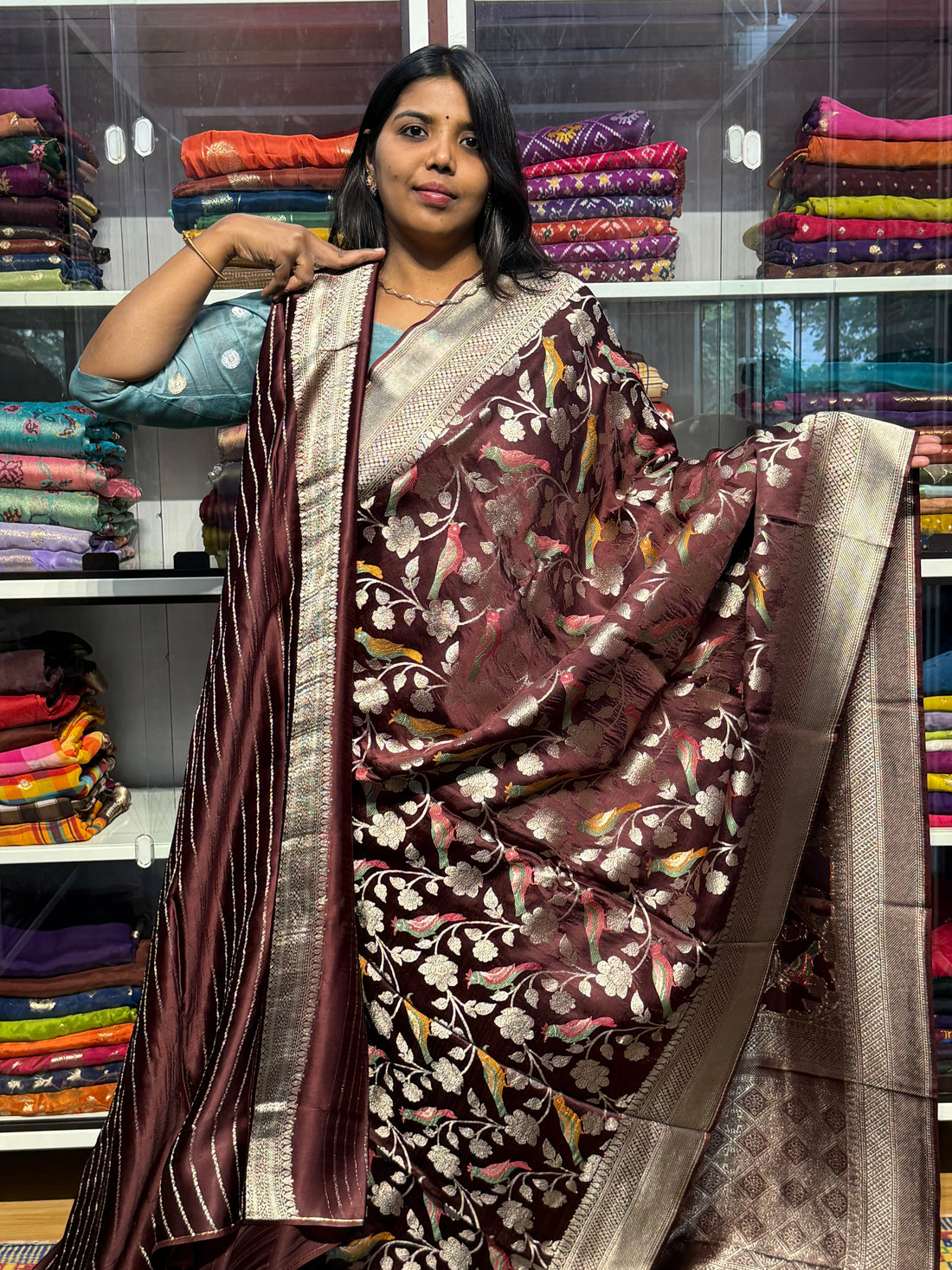PURE MASHRU SATIN SILK SAREE WITH MEENAKARI BIRDS DESIGN: CHOCLATE BROWN