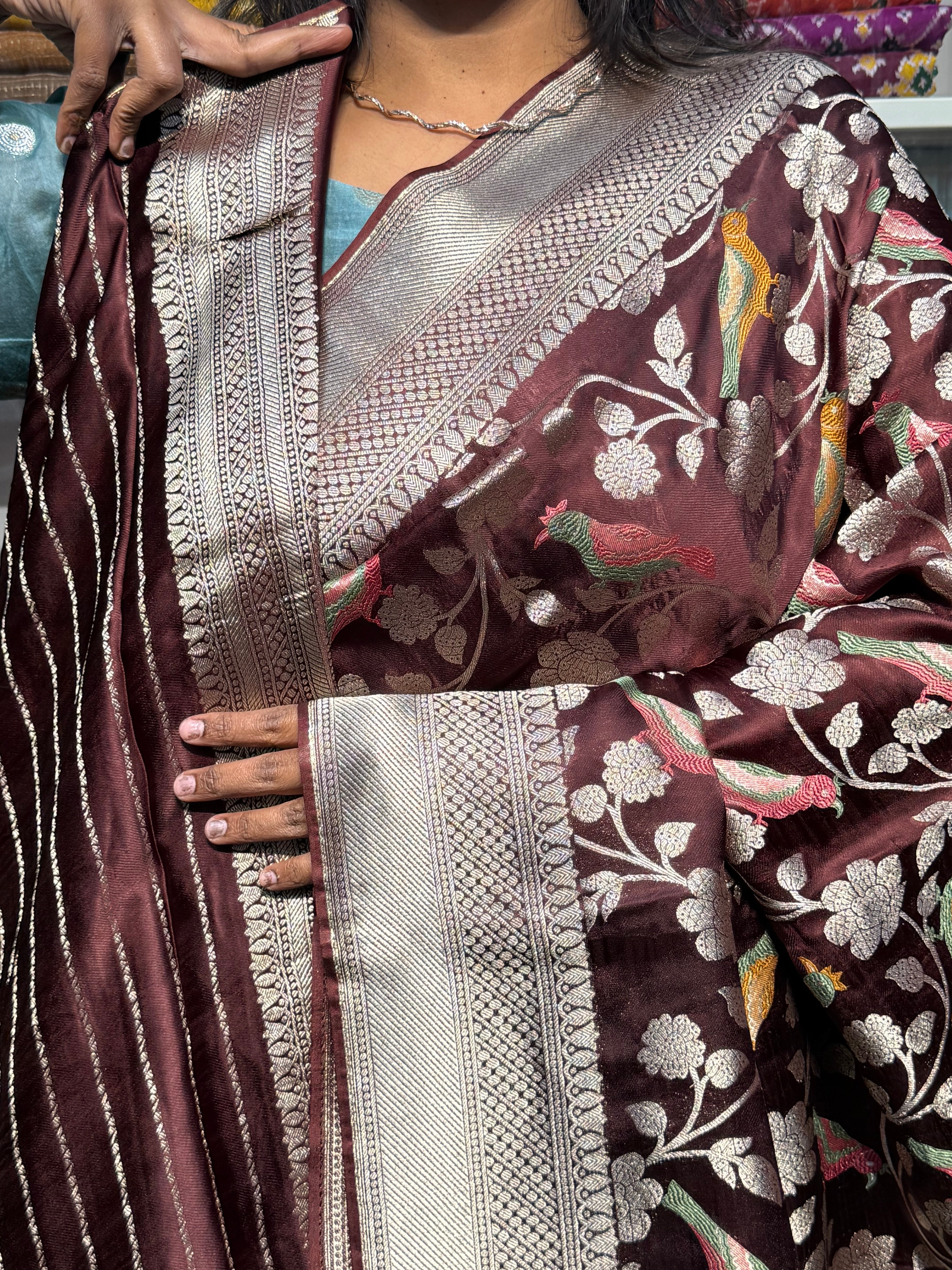 PURE MASHRU SATIN SILK SAREE WITH MEENAKARI BIRDS DESIGN: CHOCLATE BROWN