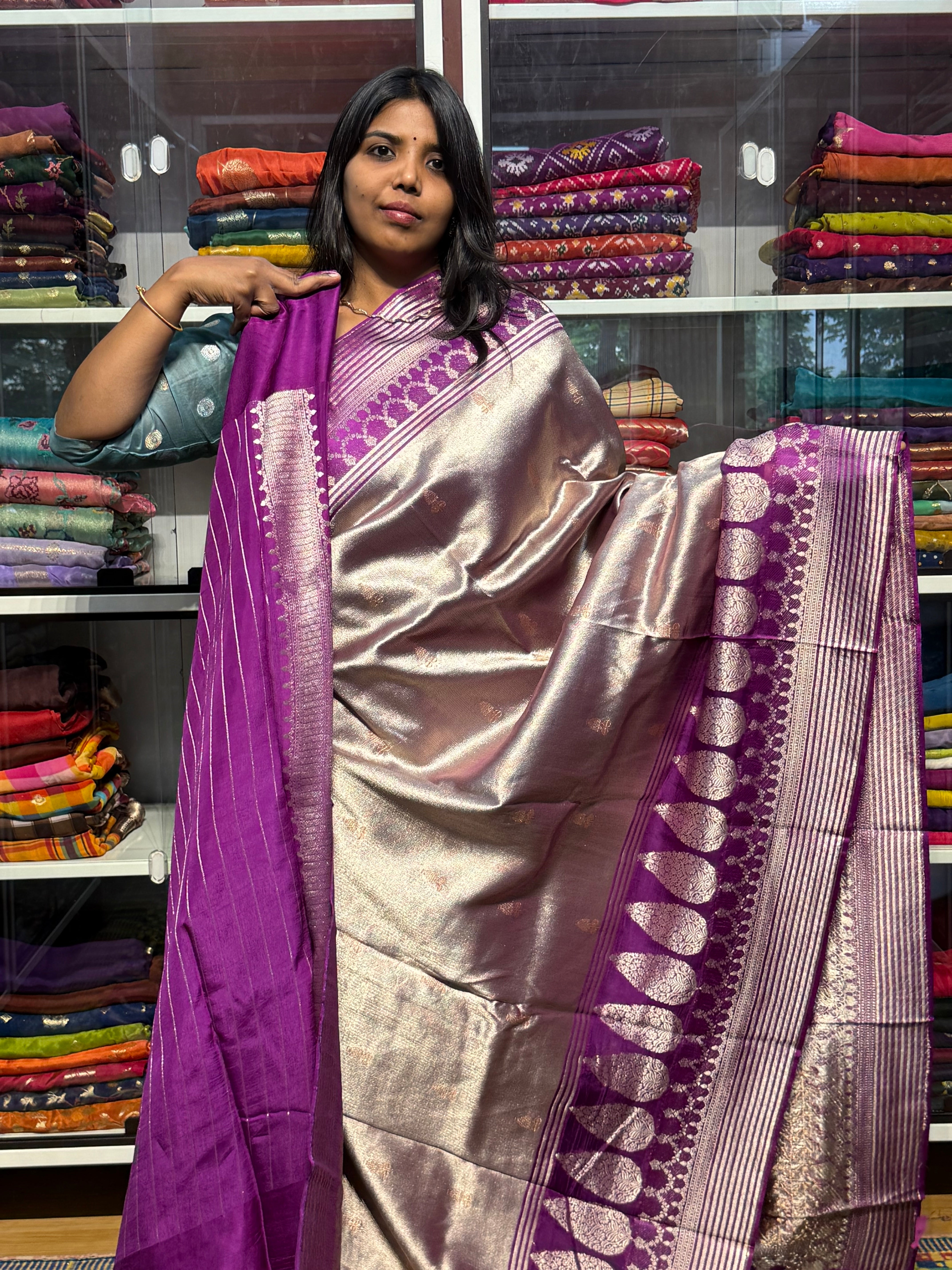 PREMIUM TISSUE WEAVING SAREE WITH BIG BORDER: PURPLE