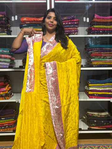 TISSUE BANDINI SAREES WUTH EMBROIDERY SCALLOP BORDER: YELLOW