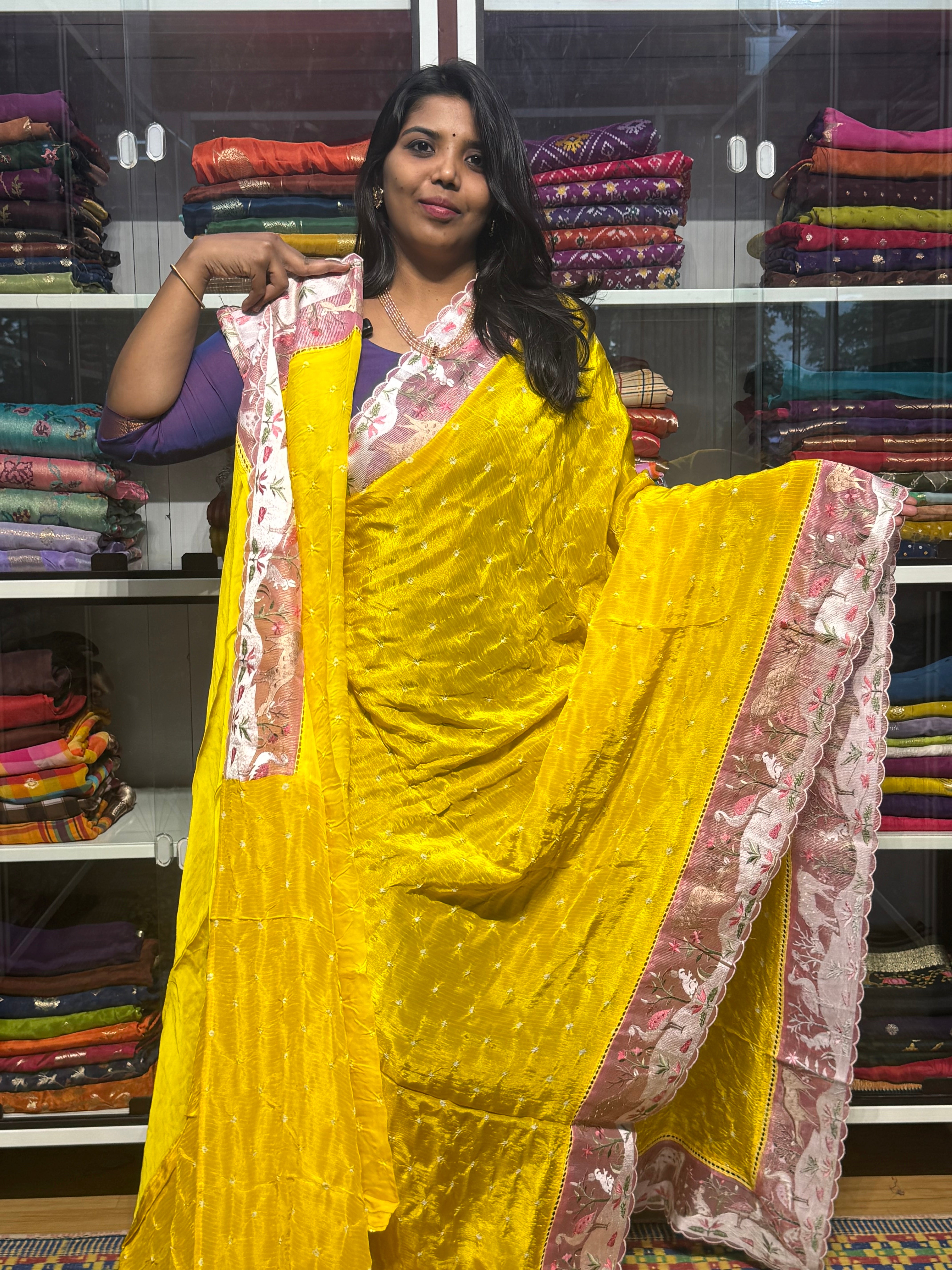 TISSUE BANDINI SAREES WUTH EMBROIDERY SCALLOP BORDER: YELLOW