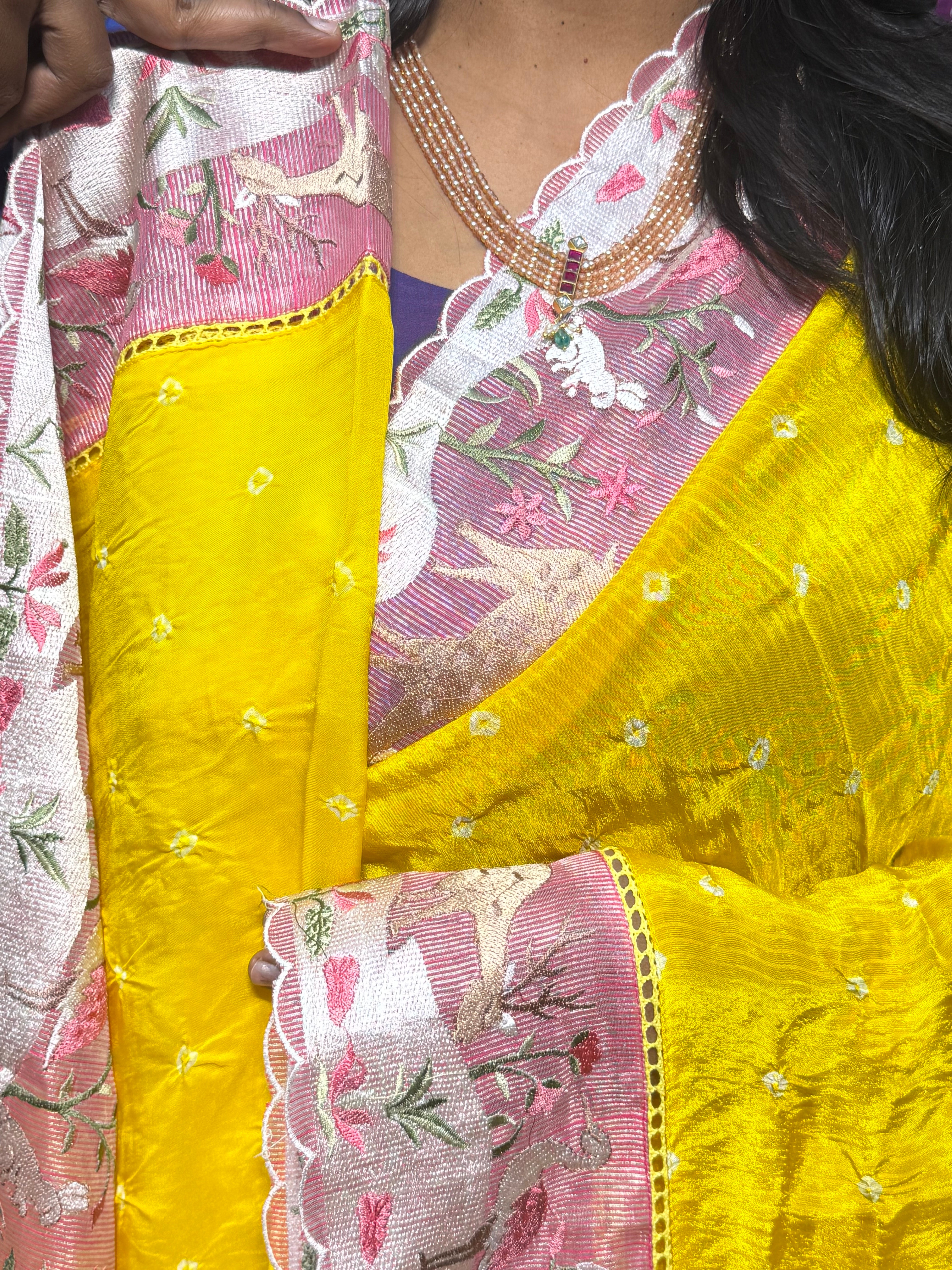 TISSUE BANDINI SAREES WUTH EMBROIDERY SCALLOP BORDER: YELLOW