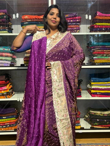 TISSUE BANDINI SAREES WUTH EMBROIDERY SCALLOP BORDER: PURPLE