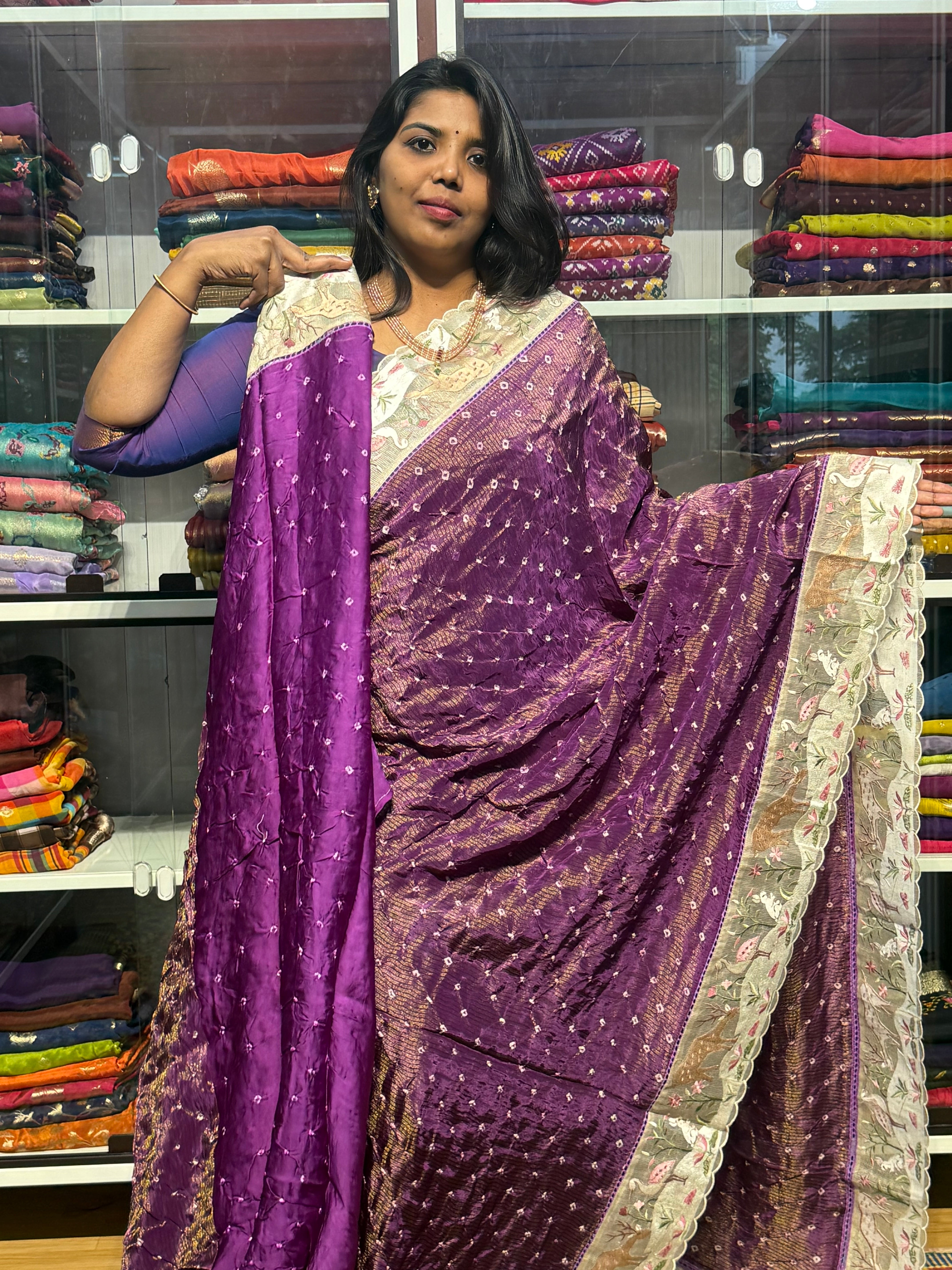 TISSUE BANDINI SAREES WUTH EMBROIDERY SCALLOP BORDER: PURPLE