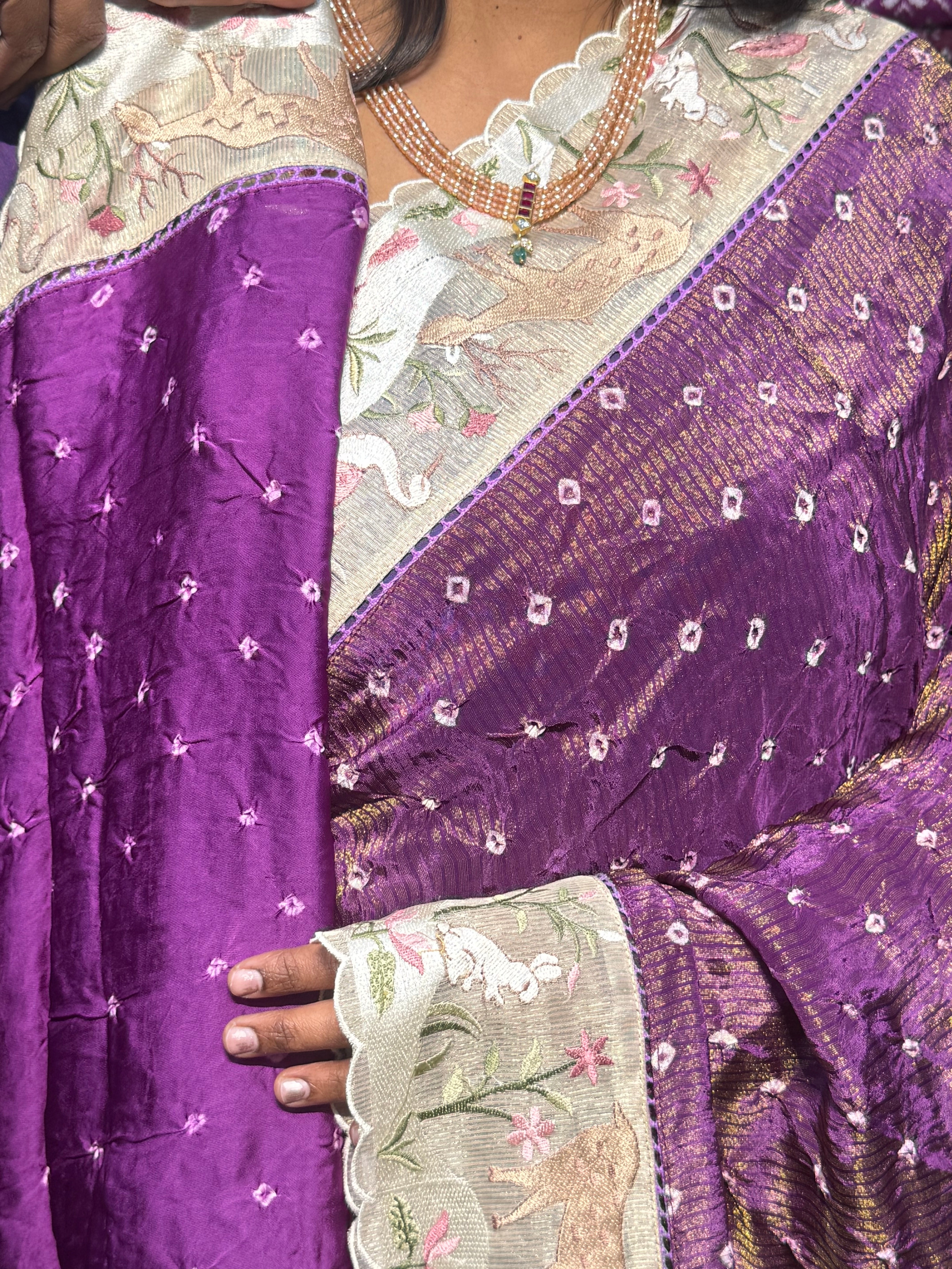 TISSUE BANDINI SAREES WUTH EMBROIDERY SCALLOP BORDER: PURPLE
