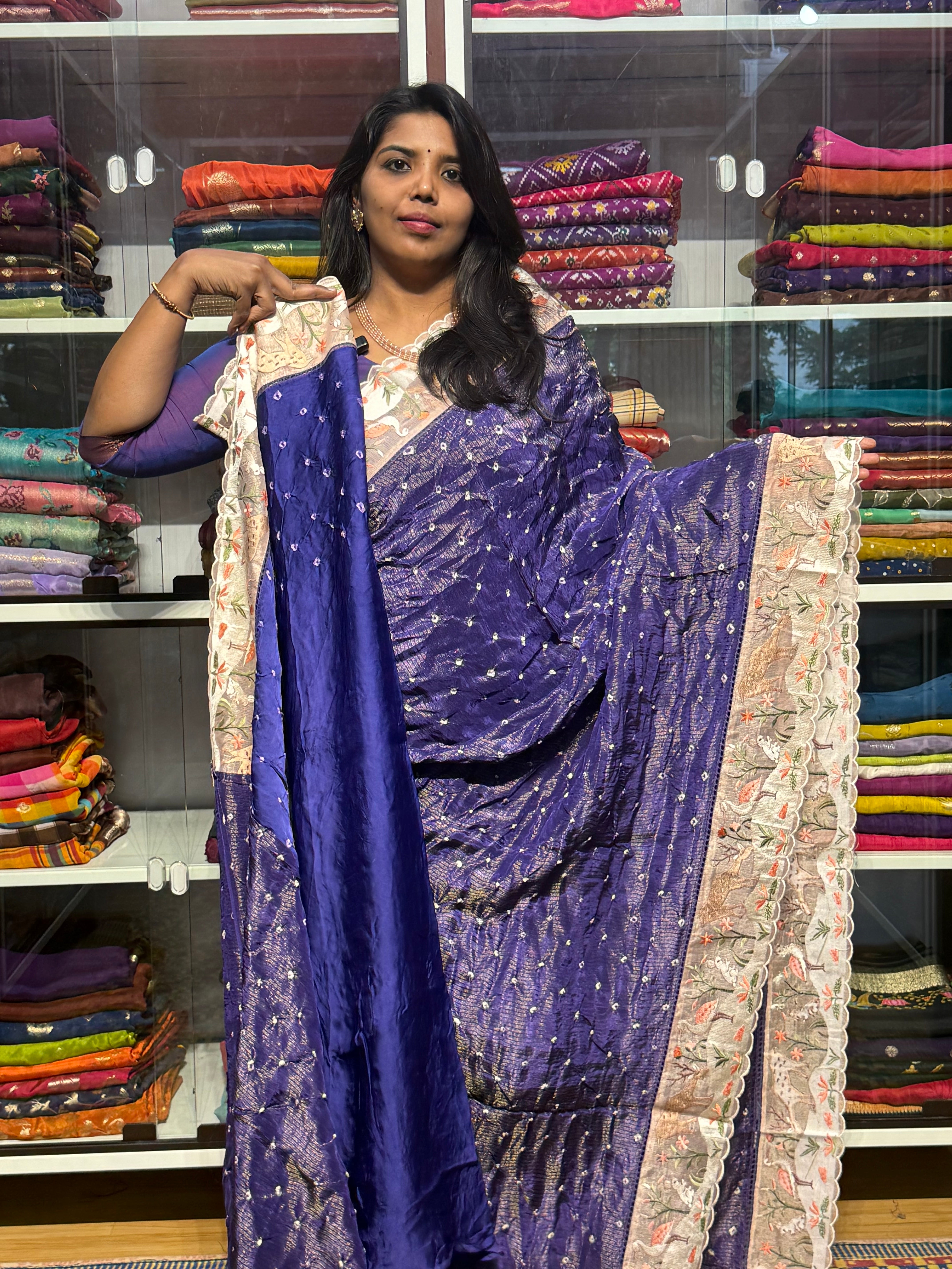 TISSUE BANDINI SAREES WUTH EMBROIDERY SCALLOP BORDER: VOILET