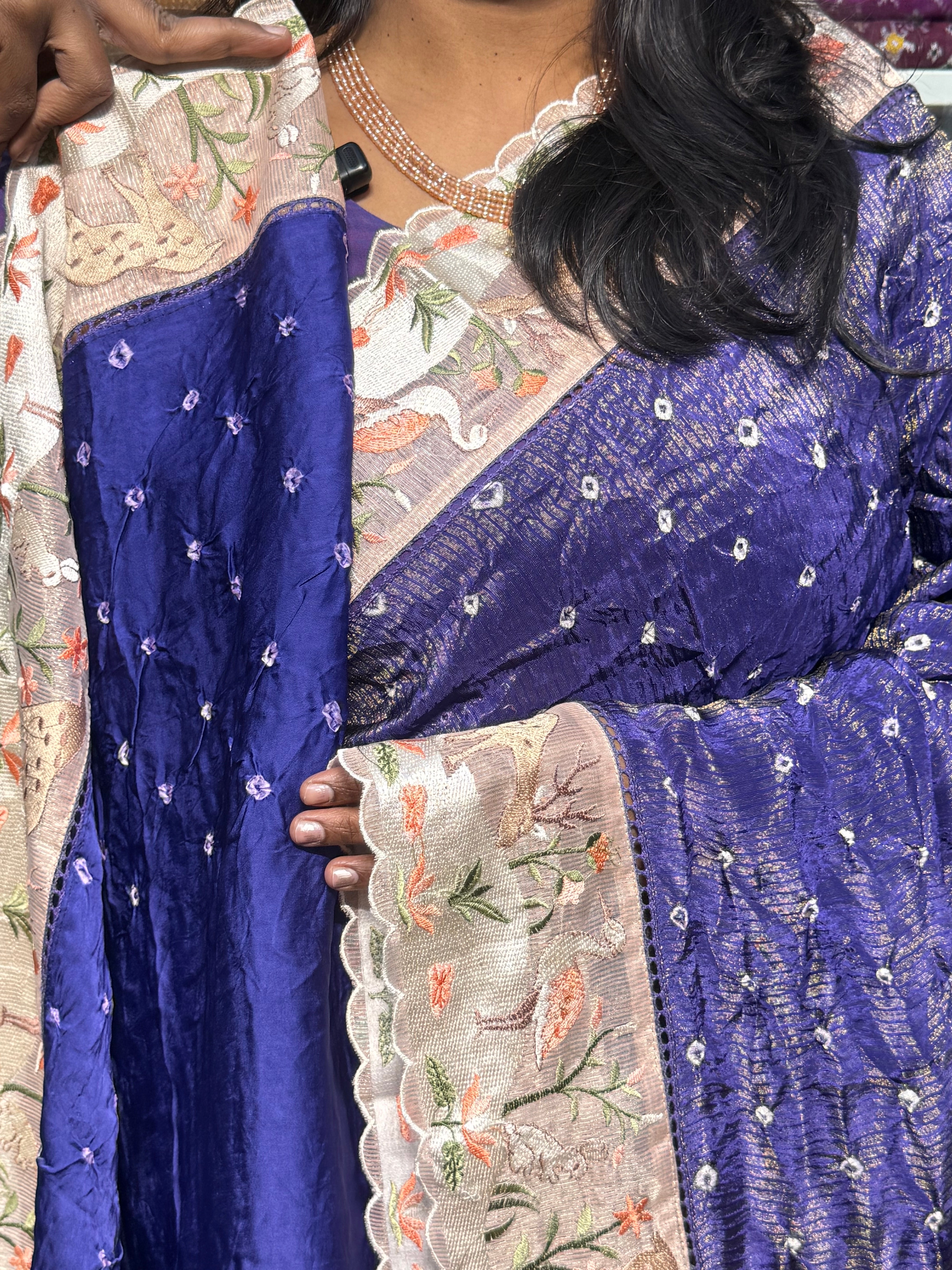 TISSUE BANDINI SAREES WUTH EMBROIDERY SCALLOP BORDER: VOILET