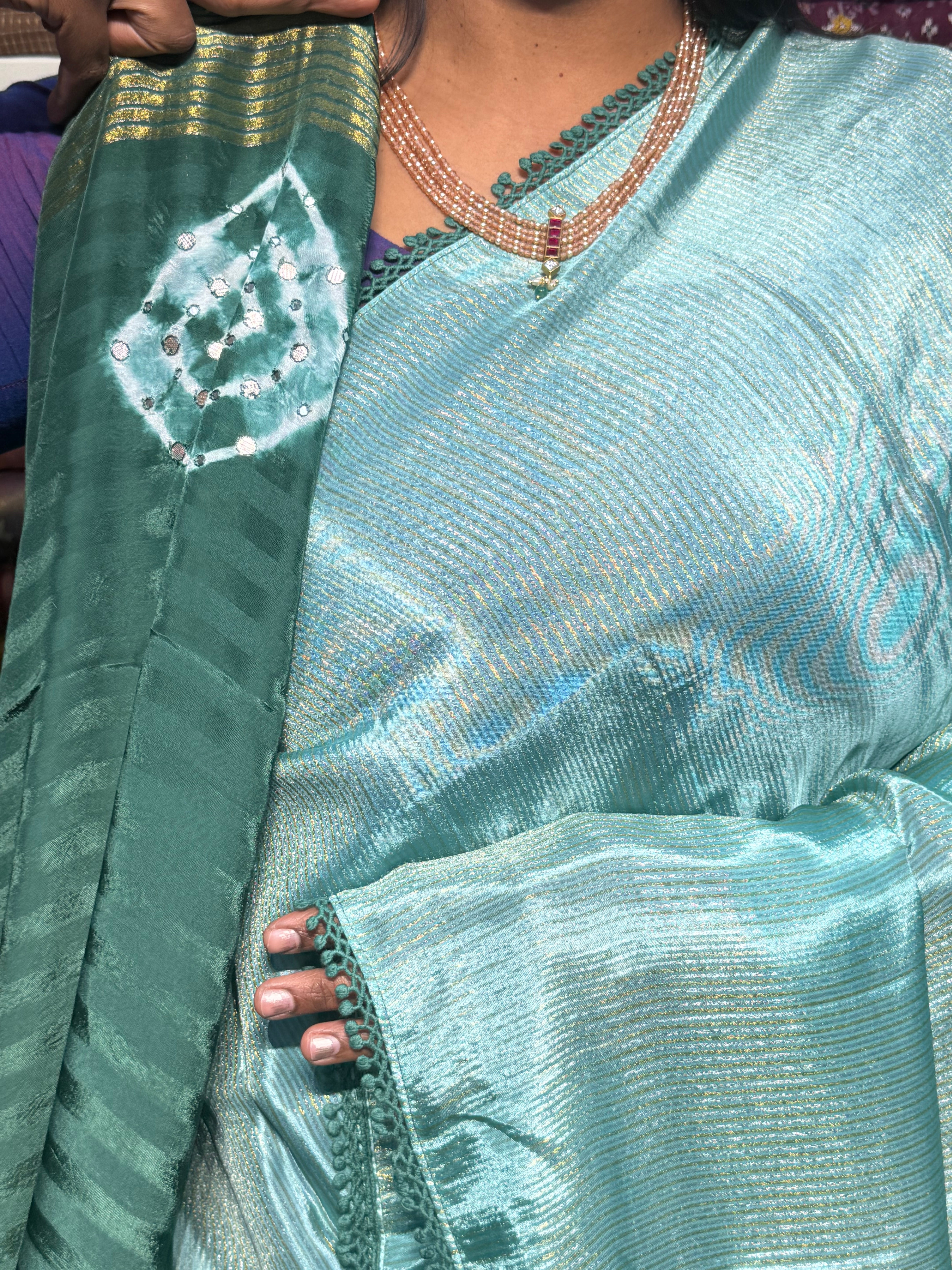PURE TISSUE CREPE WITH CONTRAST SHIBORI MIRROR WORK PALLU