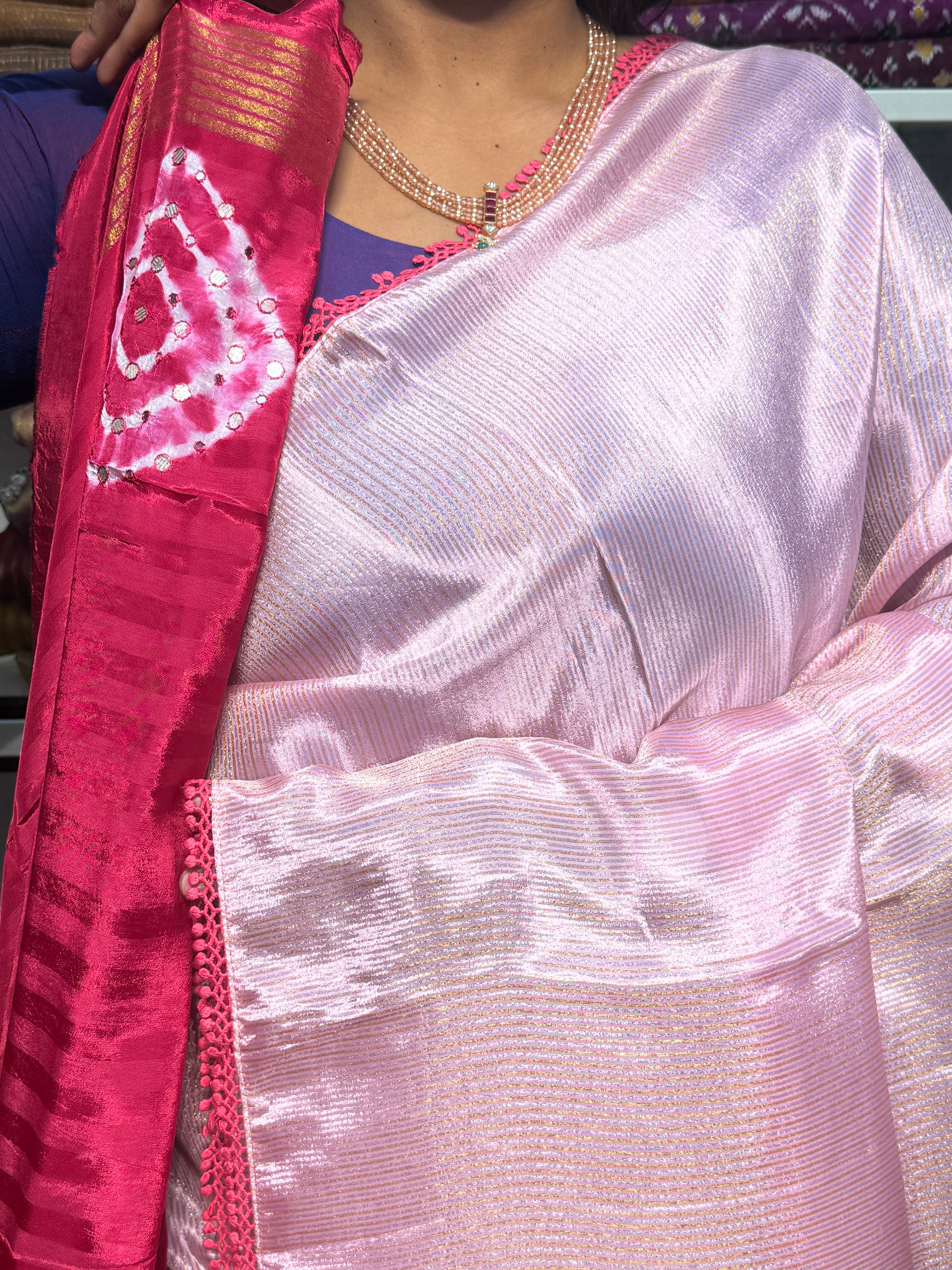 PURE TISSUE CREPE WITH CONTRAST SHIBORI MIRROR WORK PALLU