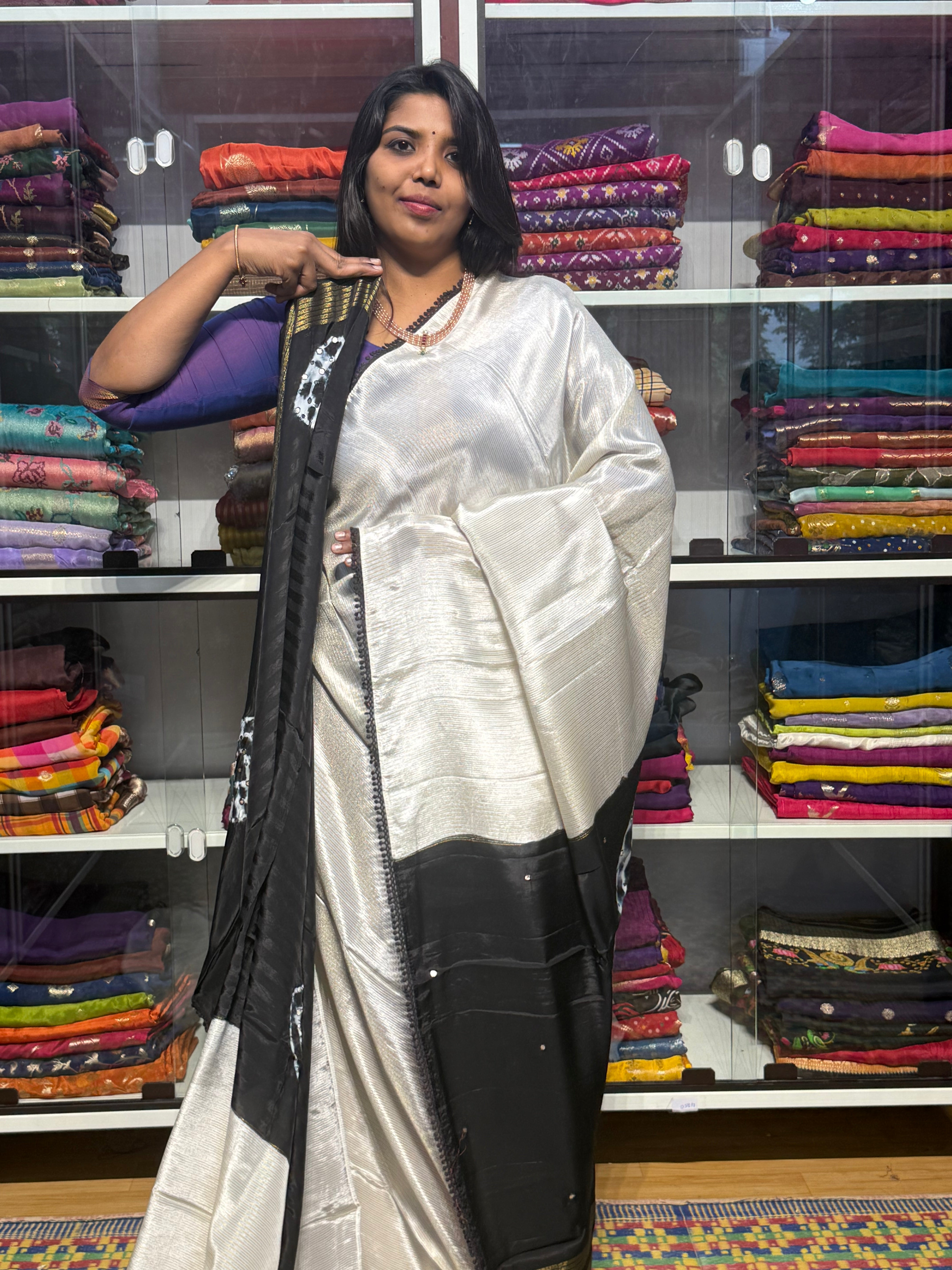 PURE TISSUE CREPE WITH CONTRAST SHIBORI MIRROR WORK PALLU