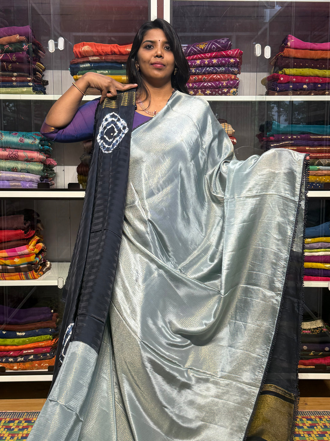 PURE TISSUE CREPE WITH CONTRAST SHIBORI MIRROR WORK PALLU