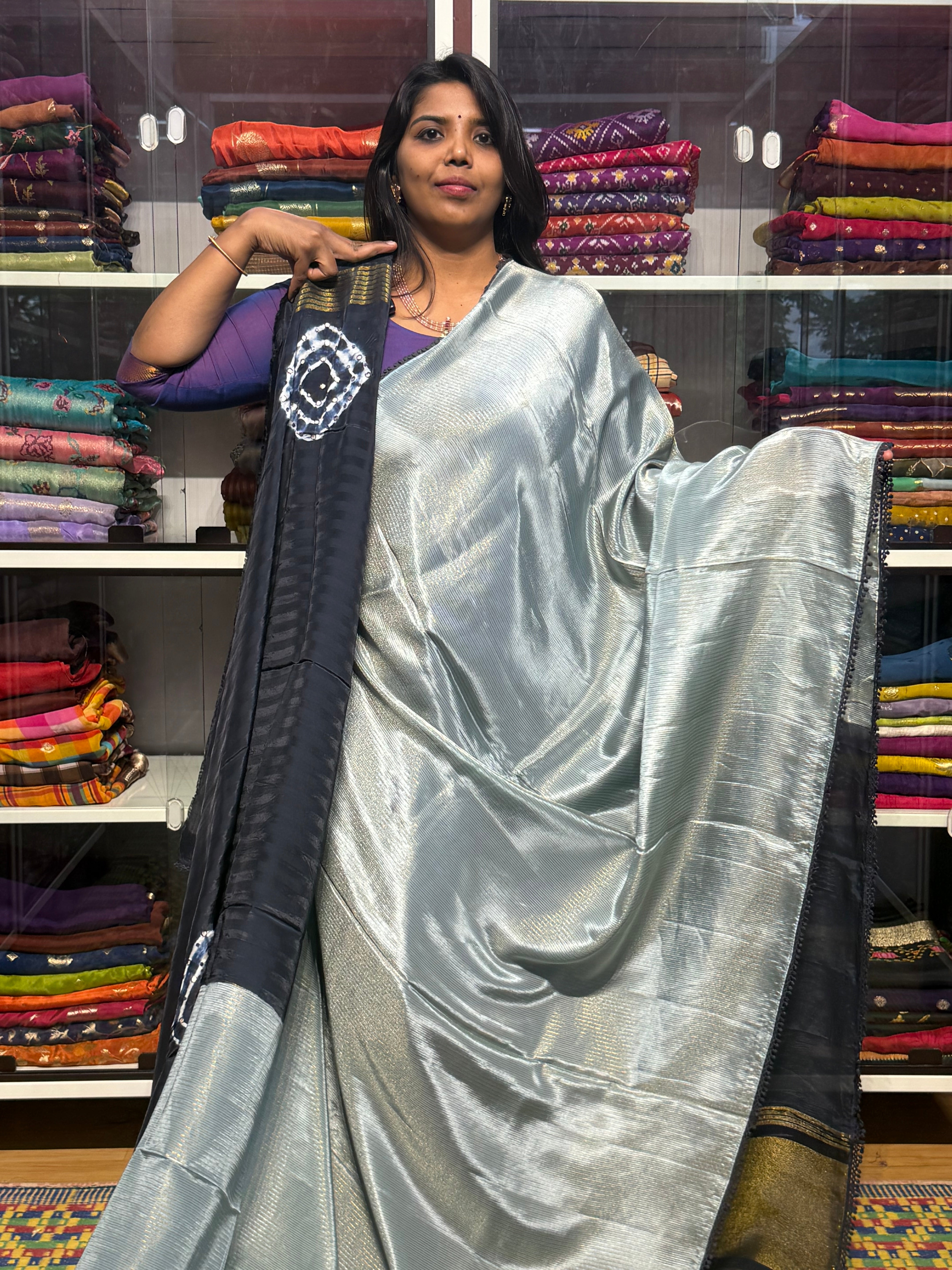 PURE TISSUE CREPE WITH CONTRAST SHIBORI MIRROR WORK PALLU
