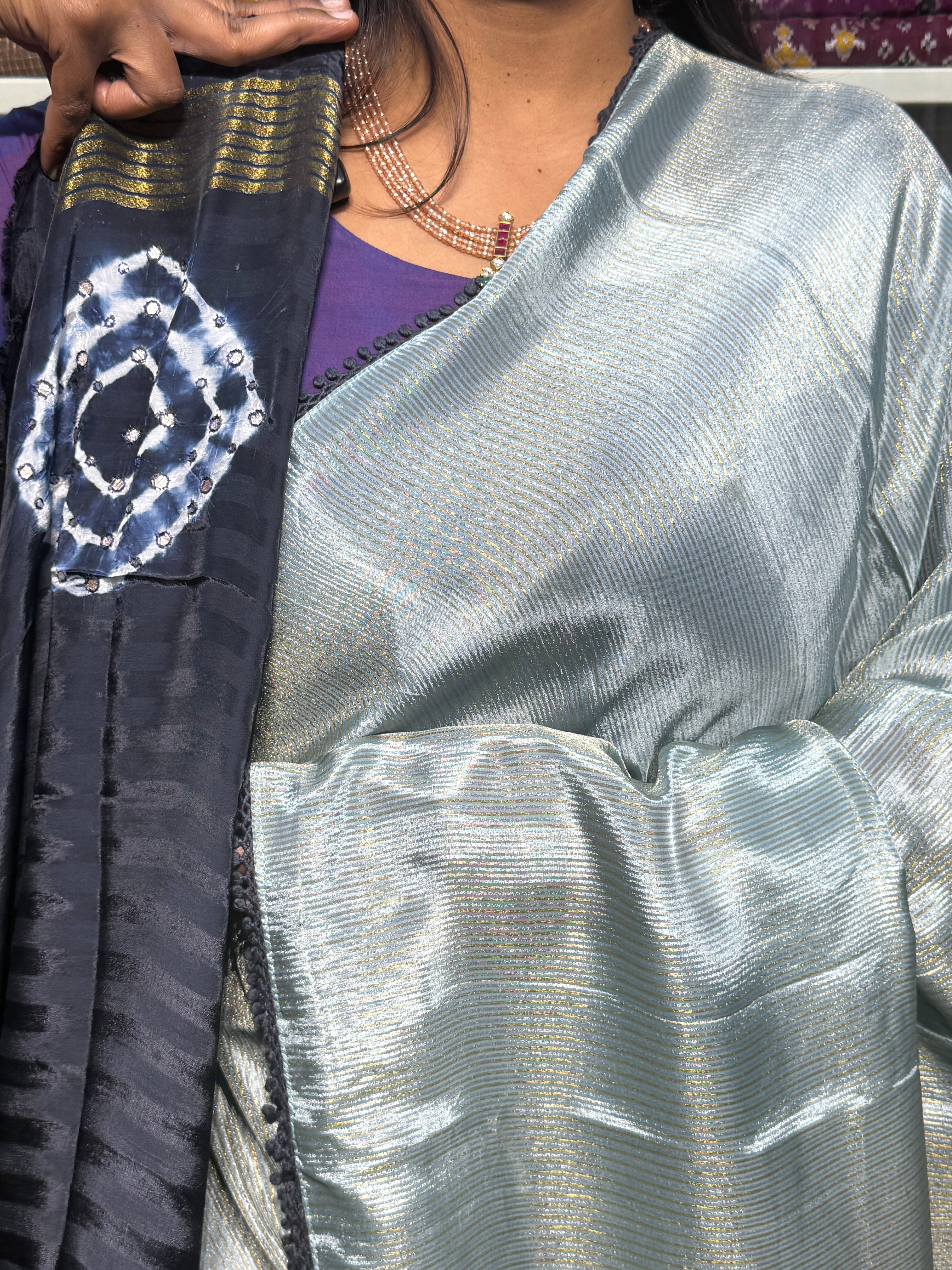 PURE TISSUE CREPE WITH CONTRAST SHIBORI MIRROR WORK PALLU