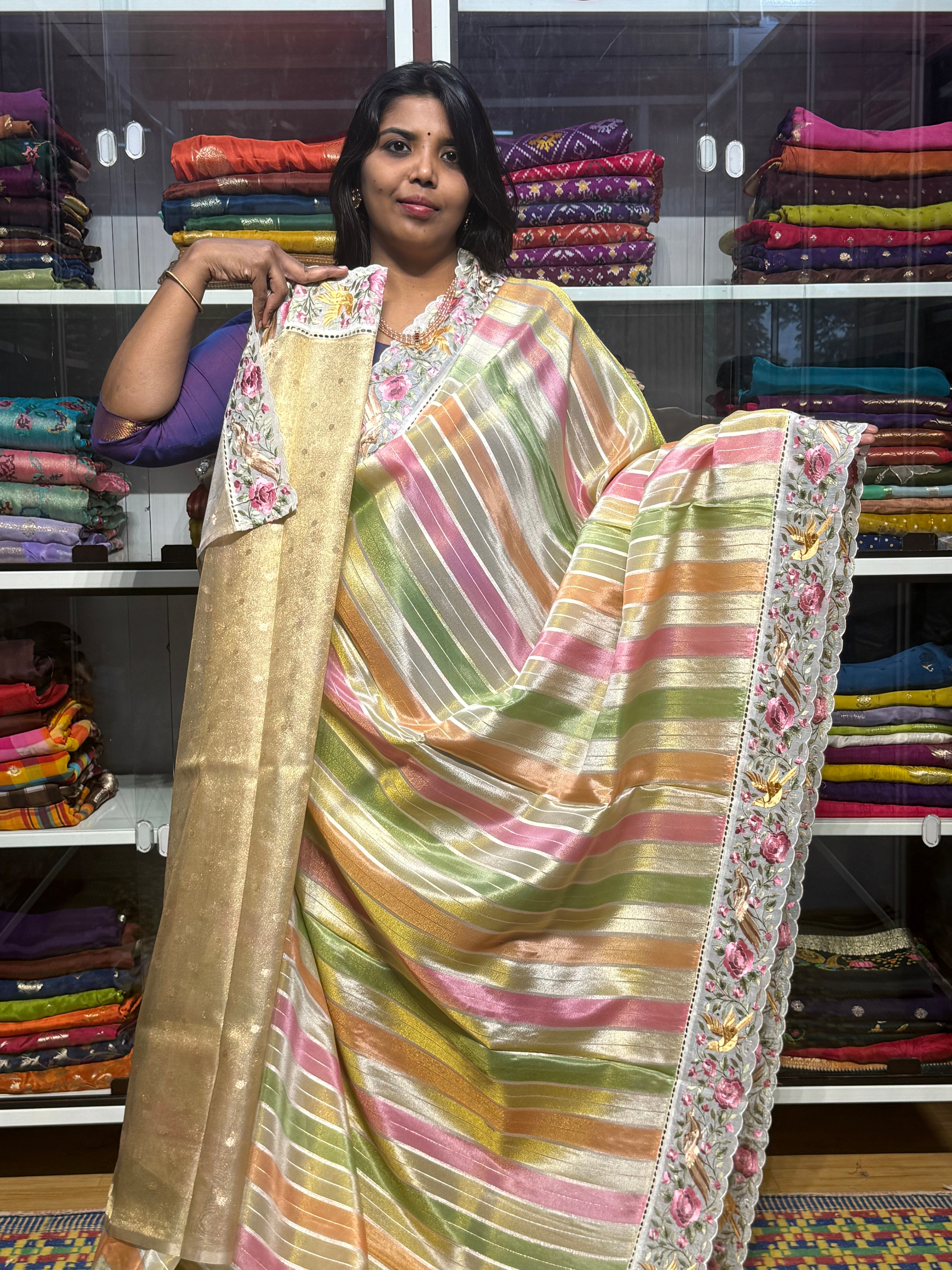 RANKAT PATTERN CREPE SAREES WITH EMBROIDERY SCALLOP BORDER