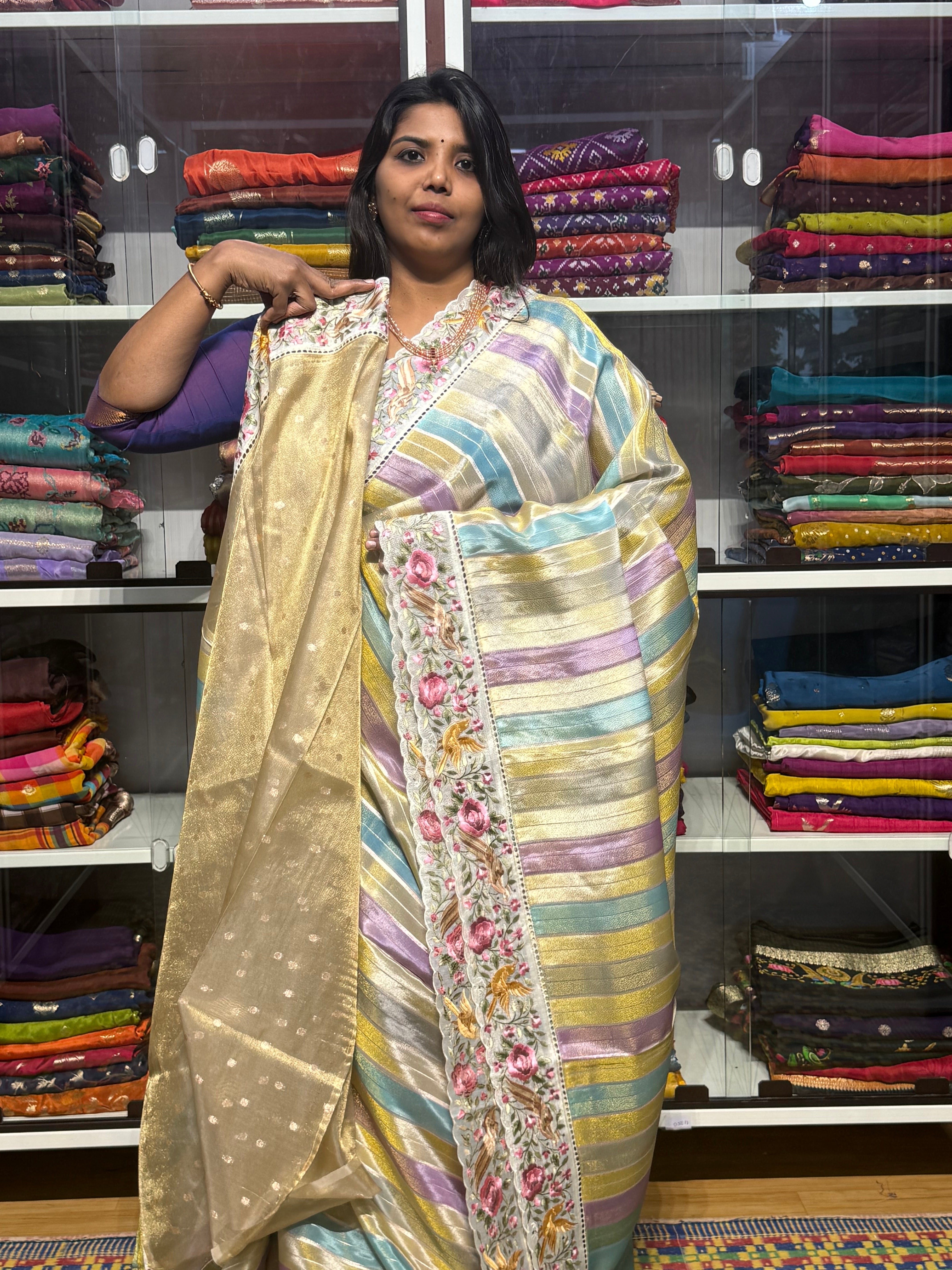 RANKAT PATTERN CREPE SAREES WITH EMBROIDERY SCALLOP BORDER