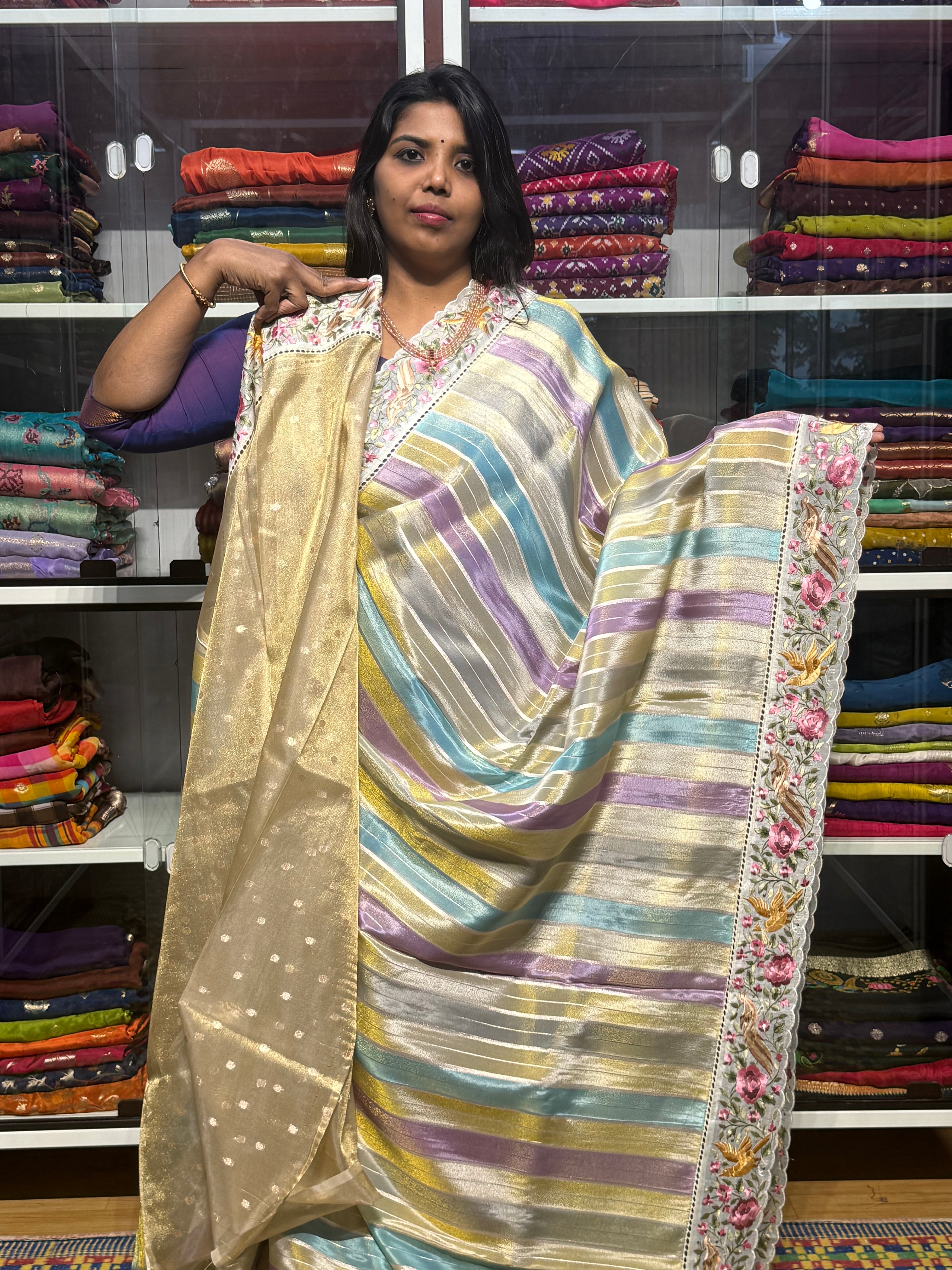 RANKAT PATTERN CREPE SAREES WITH EMBROIDERY SCALLOP BORDER