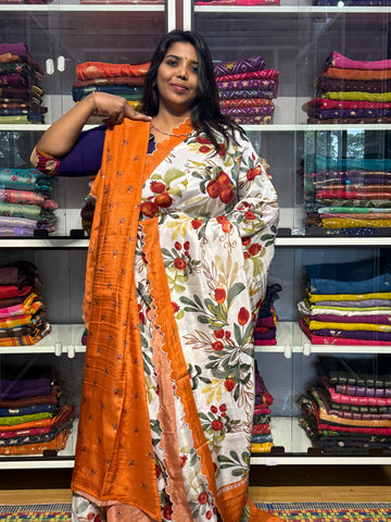 PURE MANGALGIRI DIGITAL PRINT SAREE WITH SCALLOP EMBROIDERY