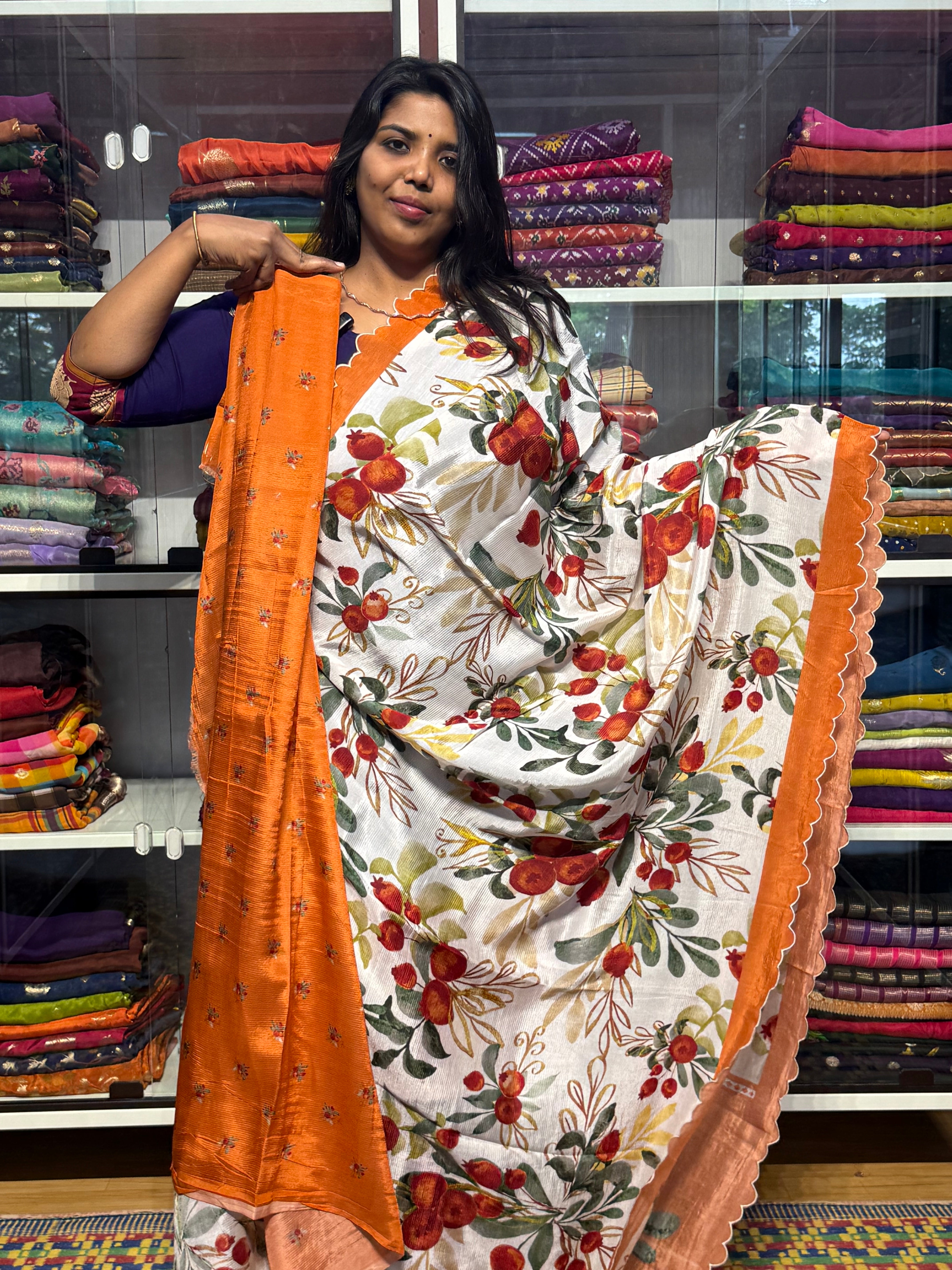 PURE MANGALGIRI DIGITAL PRINT SAREE WITH SCALLOP EMBROIDERY