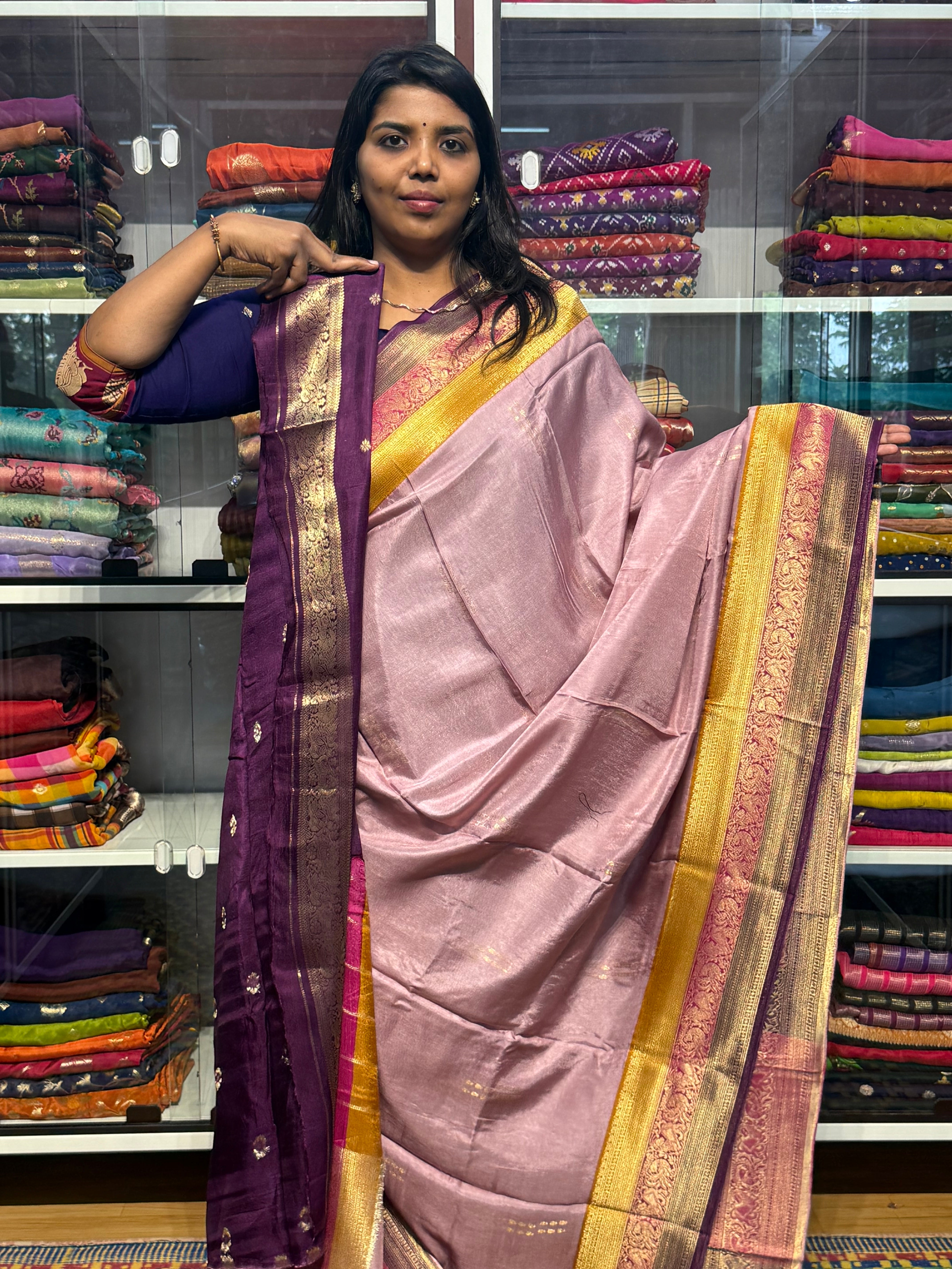 PURE DOLA SILK SAREE WITH CHAP DYE TRIPLE BORDER