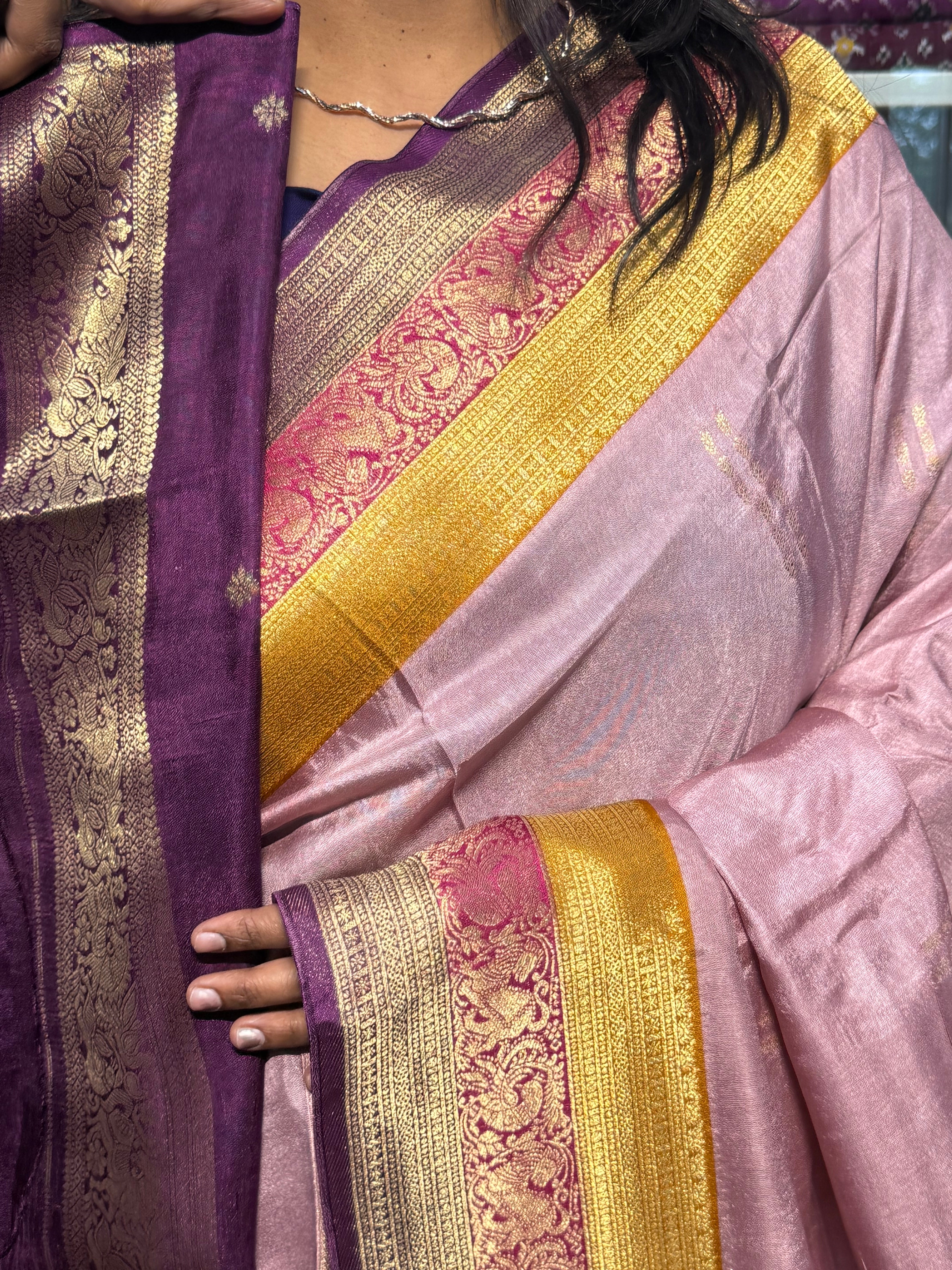 PURE DOLA SILK SAREE WITH CHAP DYE TRIPLE BORDER