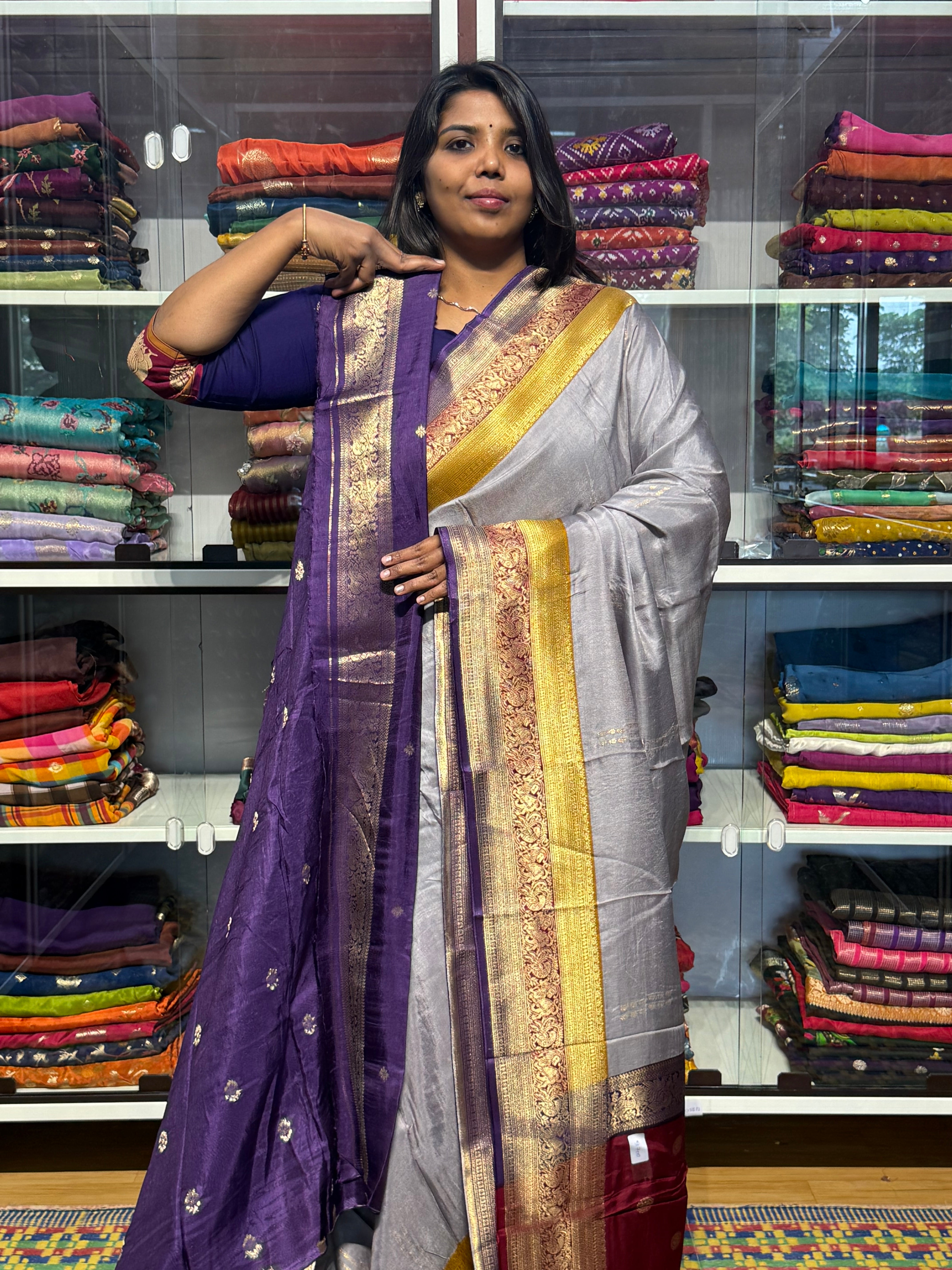PURE DOLA SILK SAREE WITH CHAP DYE TRIPLE BORDER