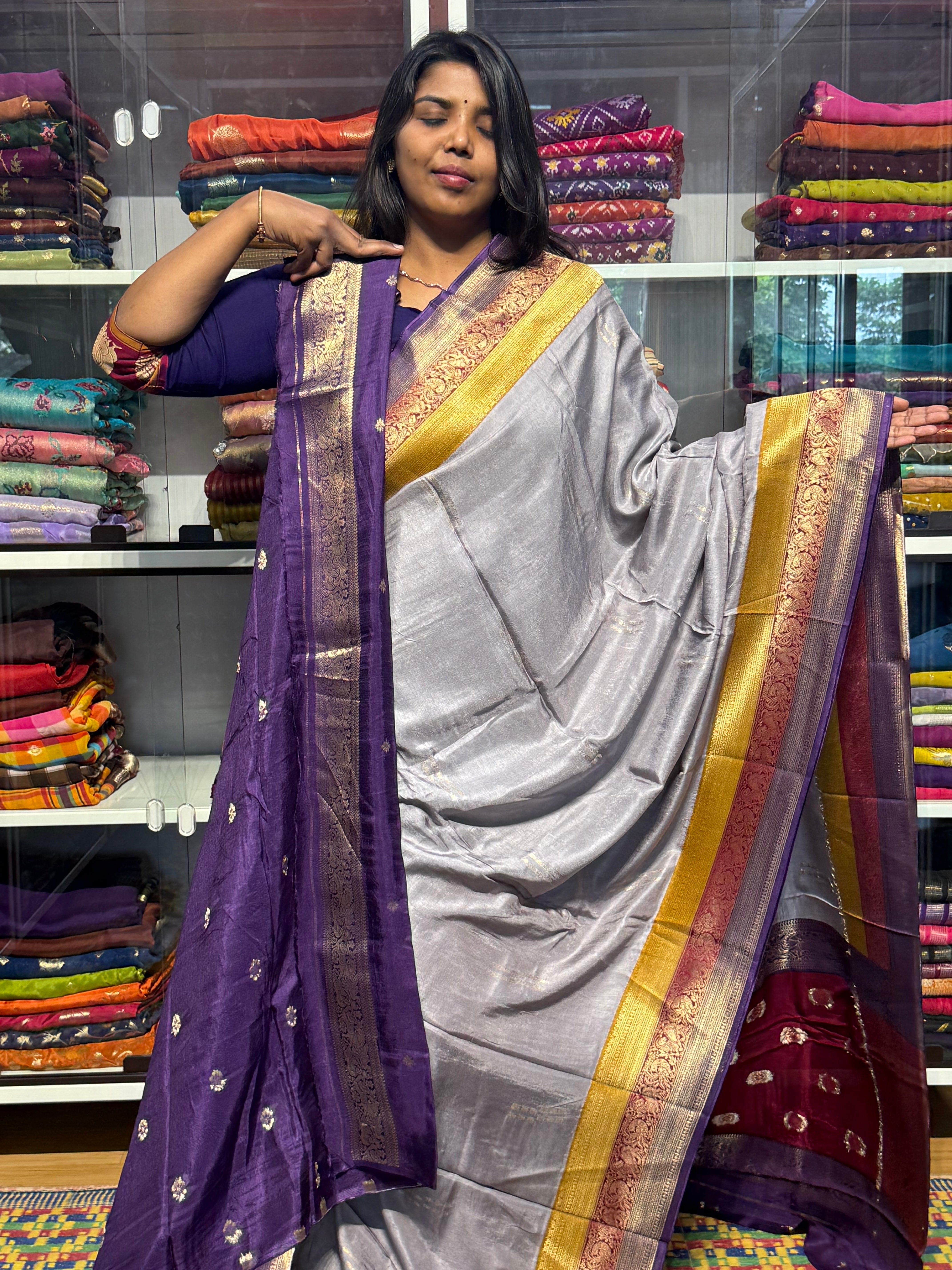 PURE DOLA SILK SAREE WITH CHAP DYE TRIPLE BORDER