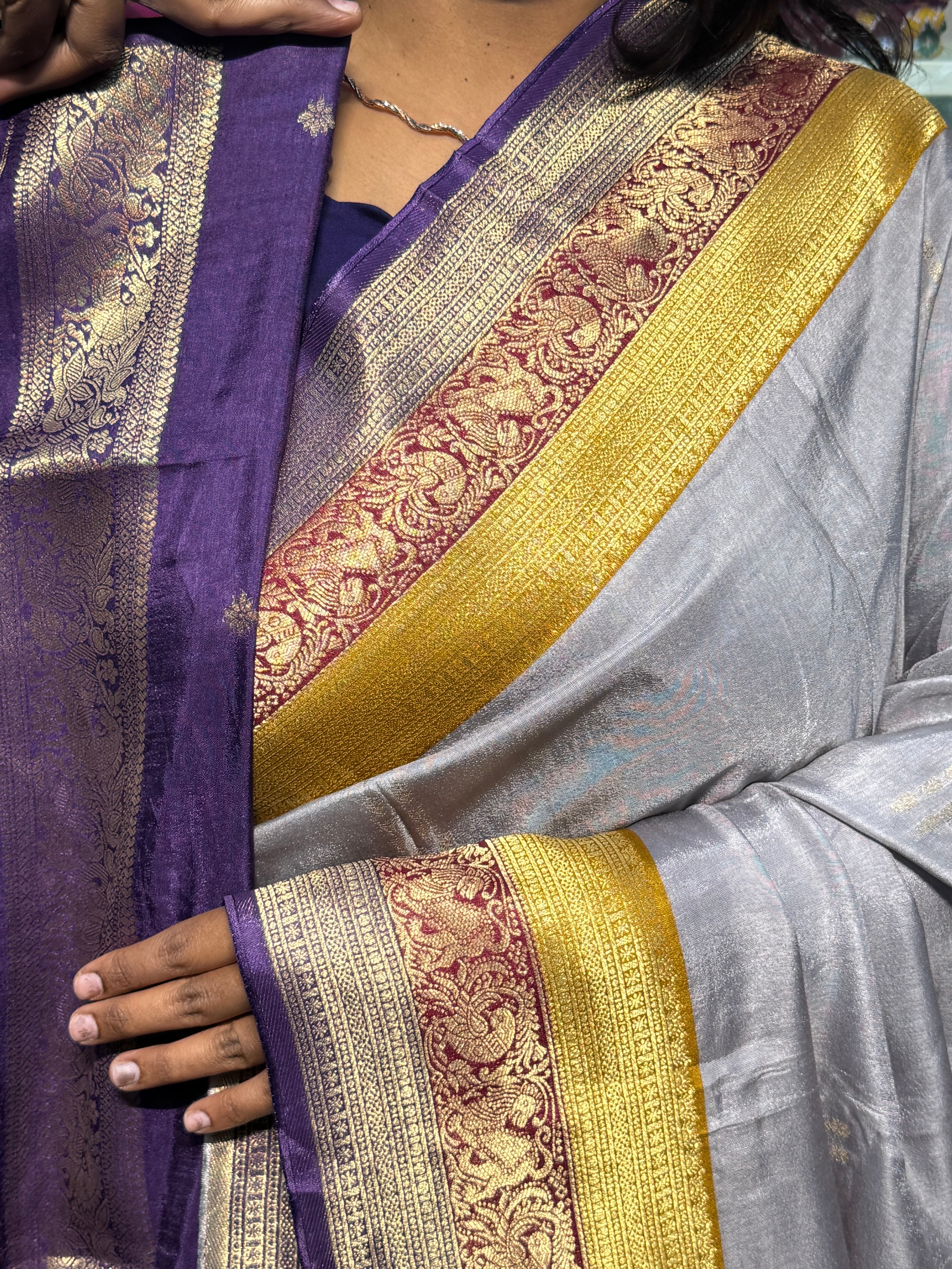 PURE DOLA SILK SAREE WITH CHAP DYE TRIPLE BORDER