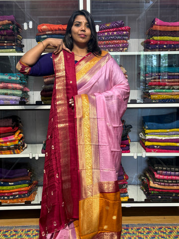 PURE DOLA SILK SAREE WITH CHAP DYE TRIPLE BORDER