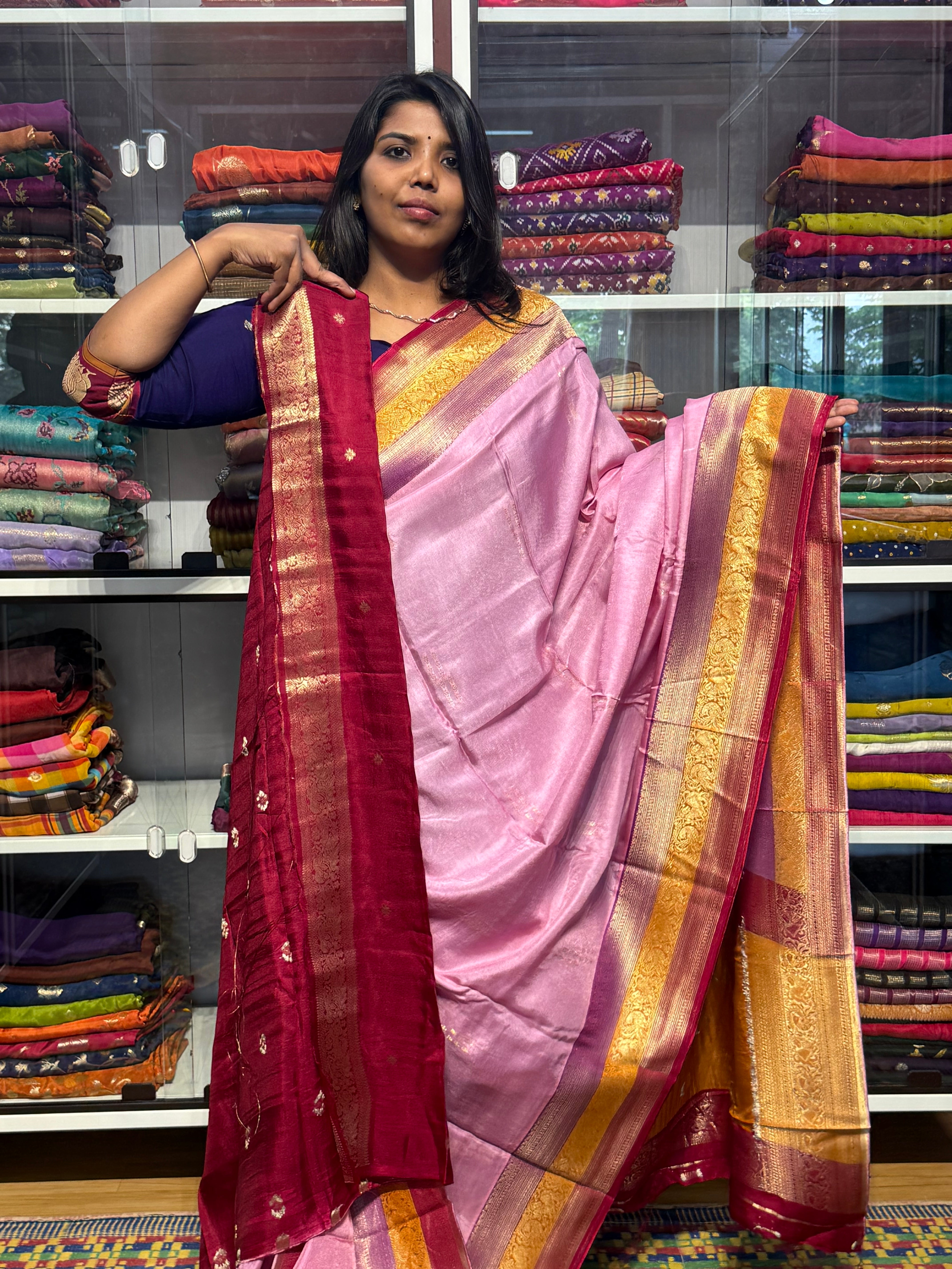 PURE DOLA SILK SAREE WITH CHAP DYE TRIPLE BORDER