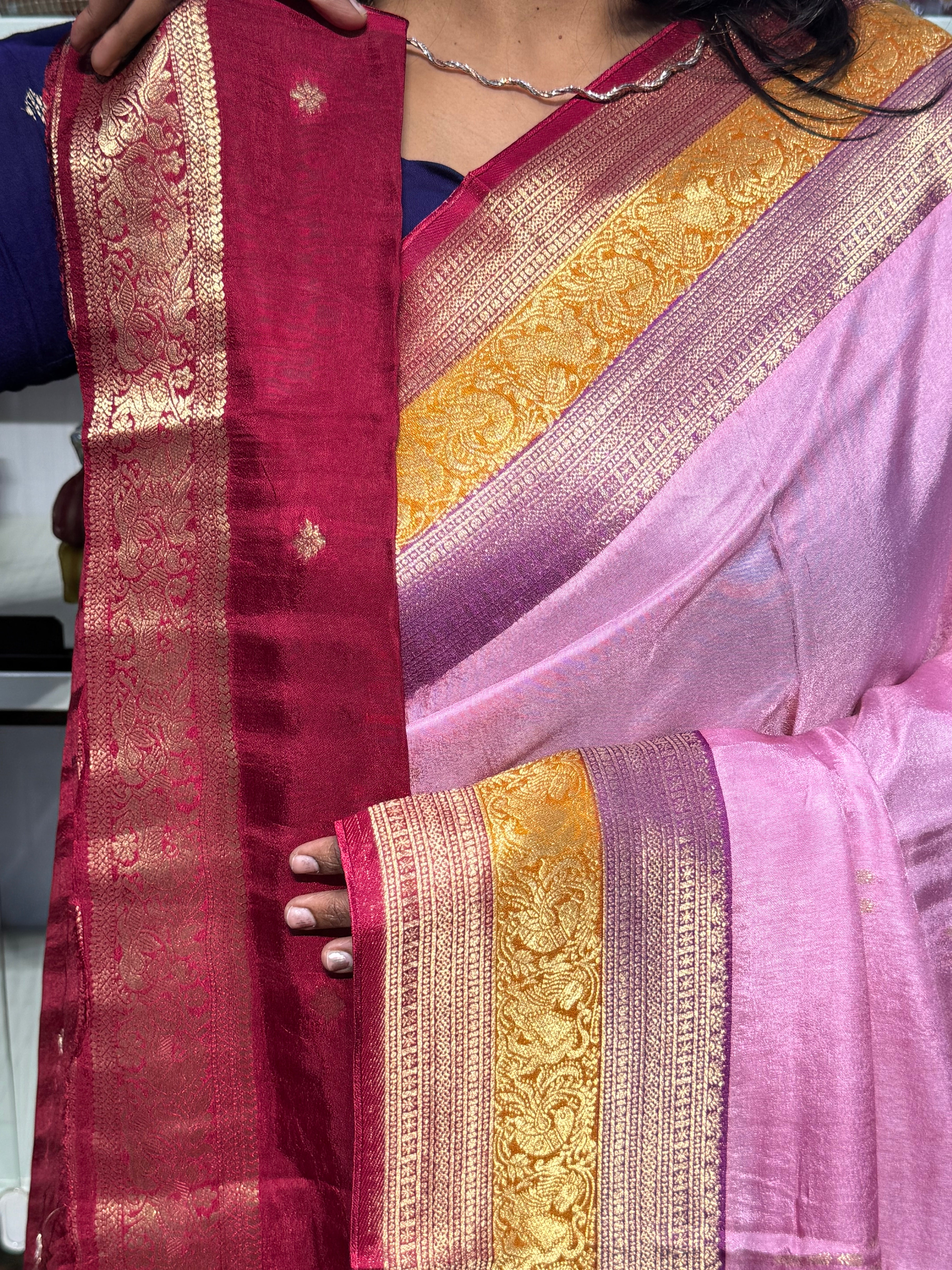 PURE DOLA SILK SAREE WITH CHAP DYE TRIPLE BORDER