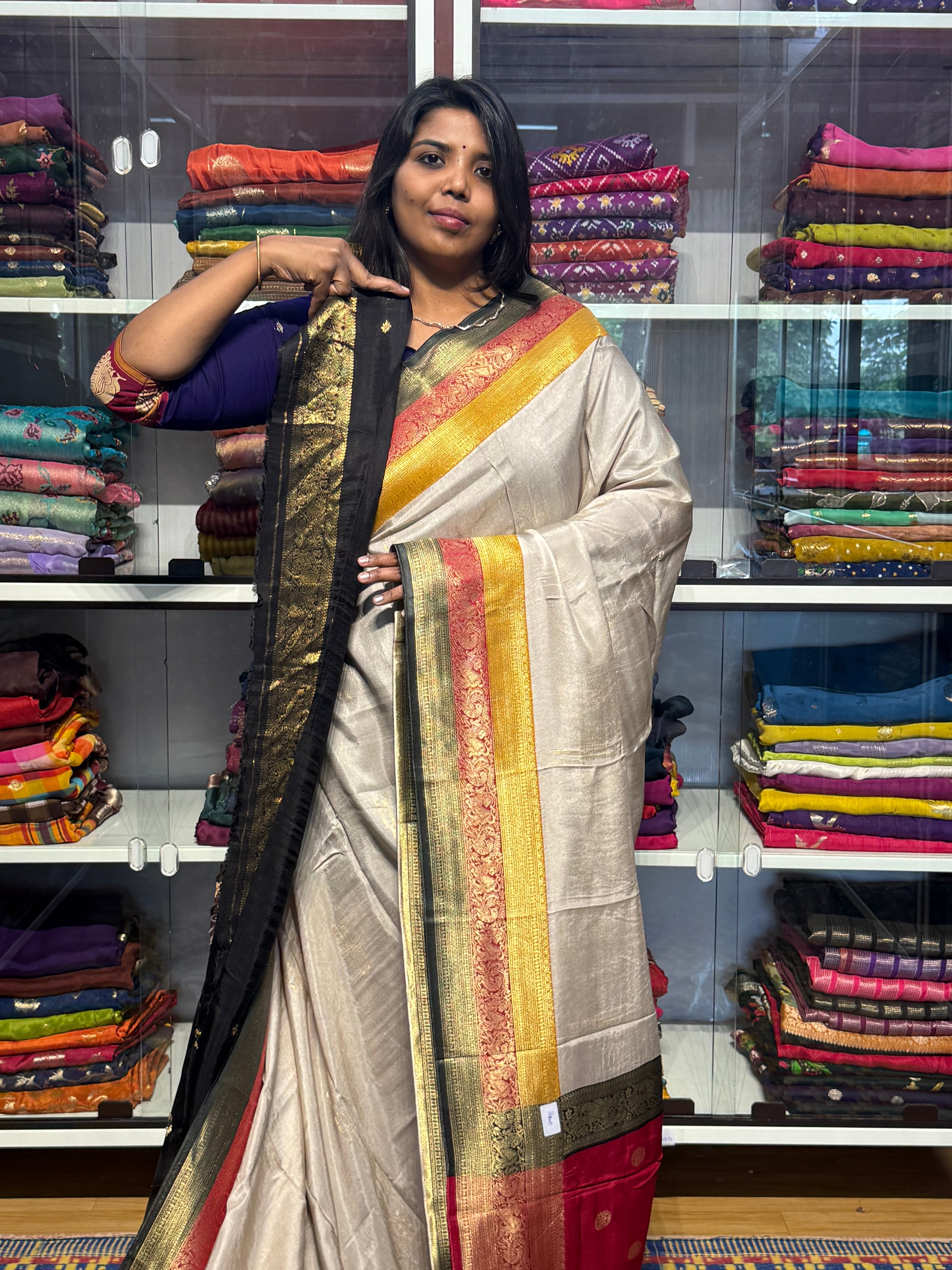 PURE DOLA SILK SAREE WITH CHAP DYE TRIPLE BORDER