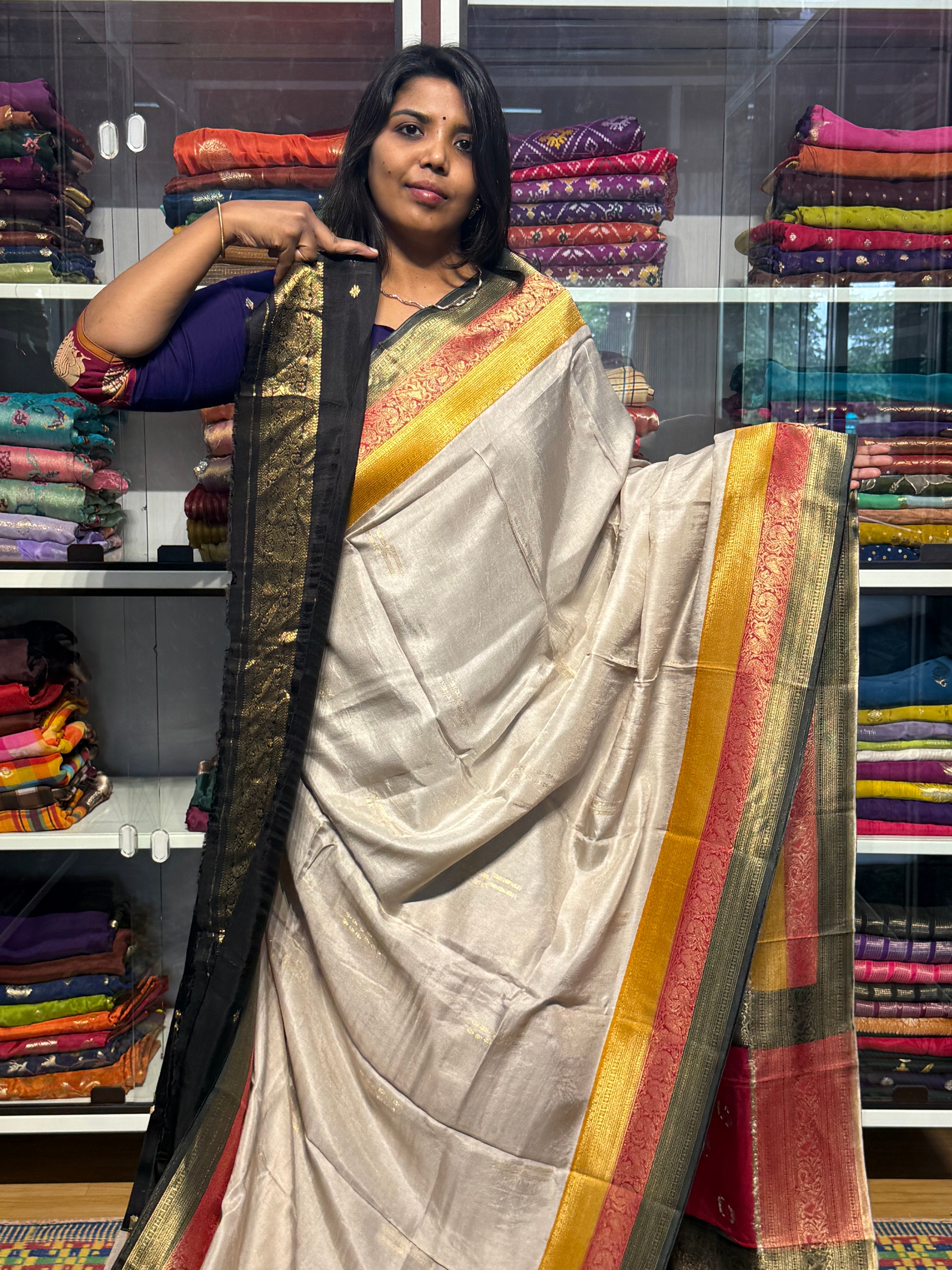 PURE DOLA SILK SAREE WITH CHAP DYE TRIPLE BORDER