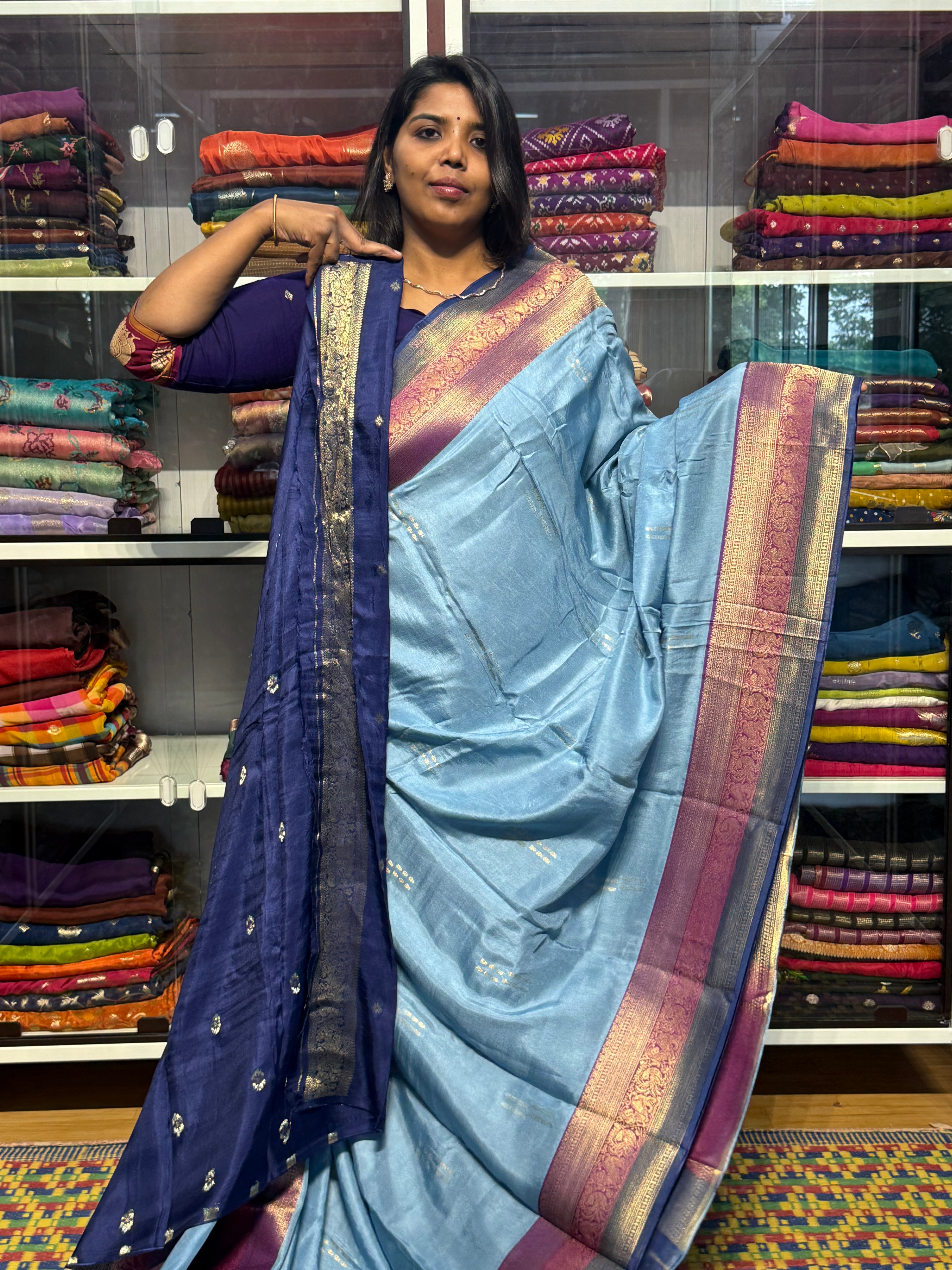 PURE DOLA SILK SAREE WITH CHAP DYE TRIPLE BORDER