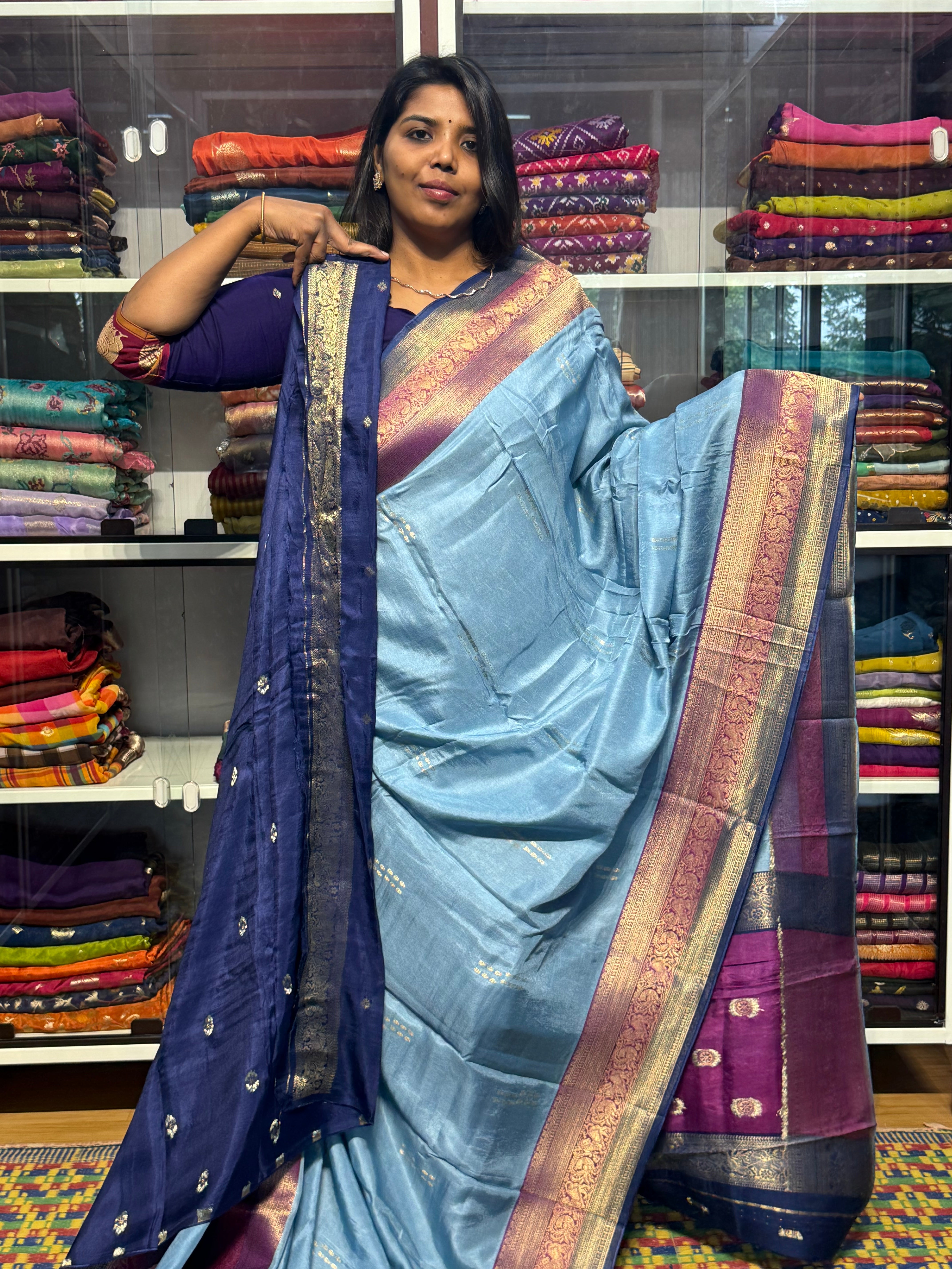 PURE DOLA SILK SAREE WITH CHAP DYE TRIPLE BORDER