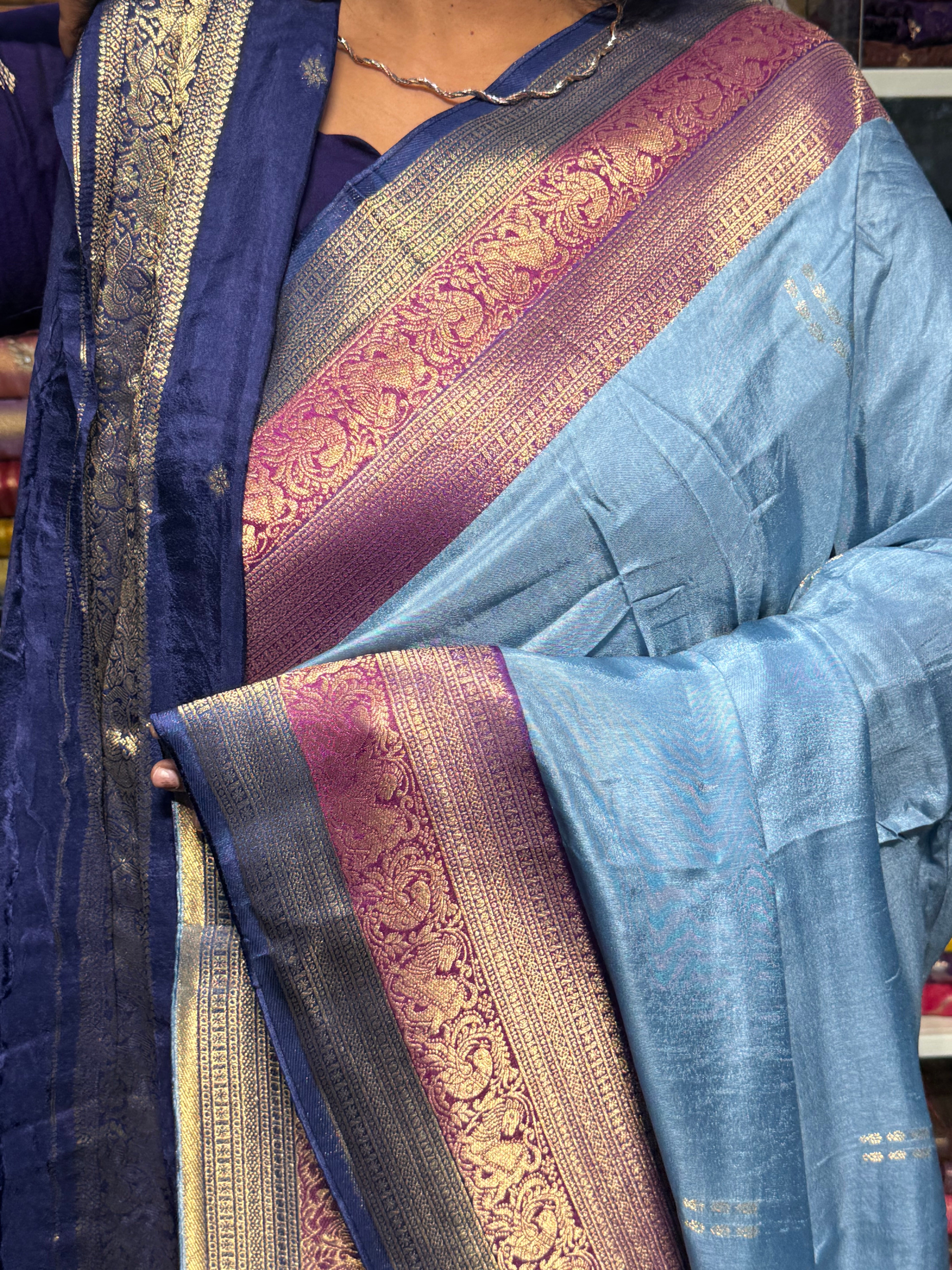 PURE DOLA SILK SAREE WITH CHAP DYE TRIPLE BORDER